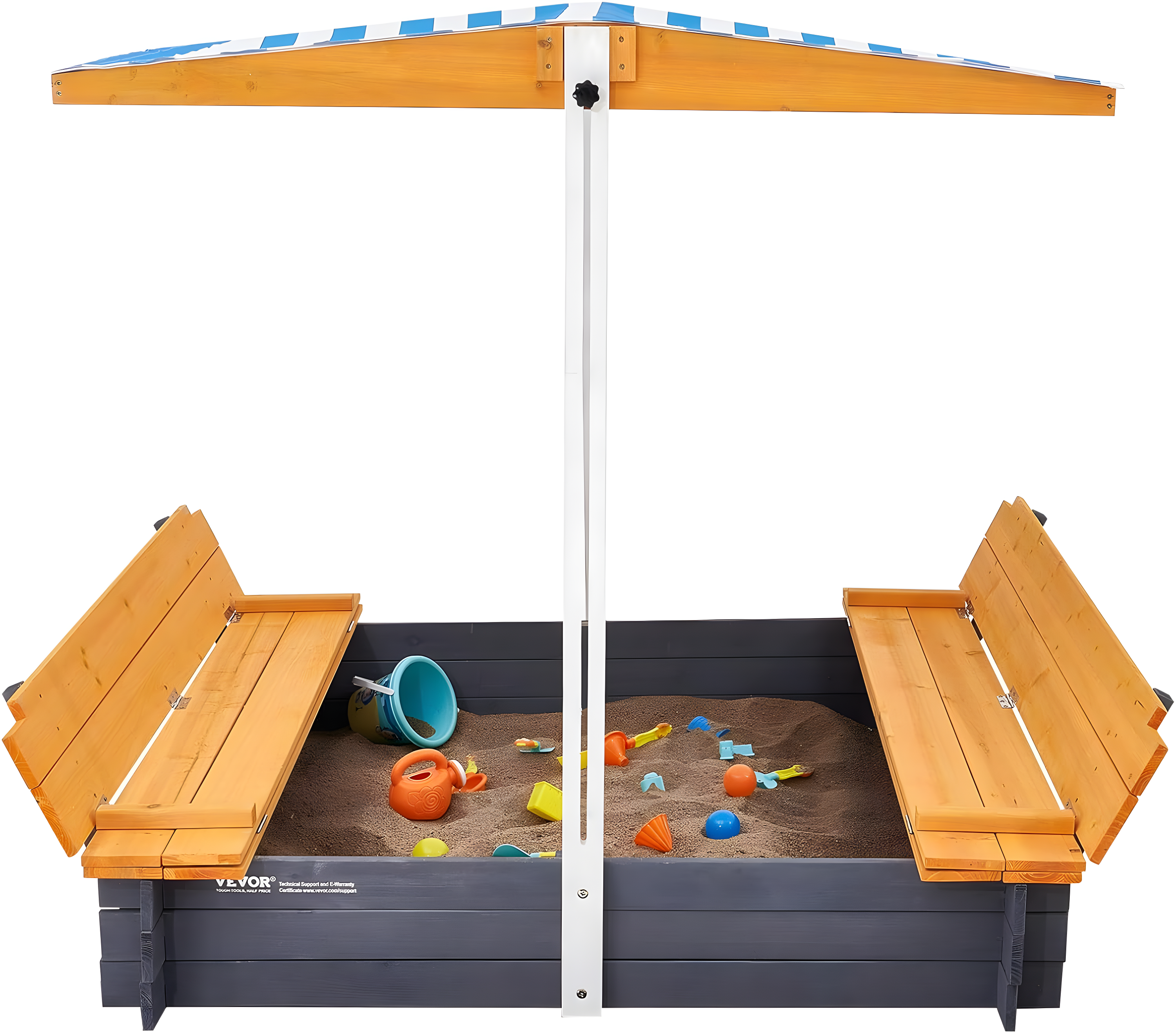 VEVOR Wooden Sandbox with Canopy, Sandpit with Foldable Bench Seats and Bottom Liner, Height Adjustable Roof, Gift for Ages 3-12 Years Old Backyard Garden Easy Assembly (57.3 x 47.2 x 47.2in)