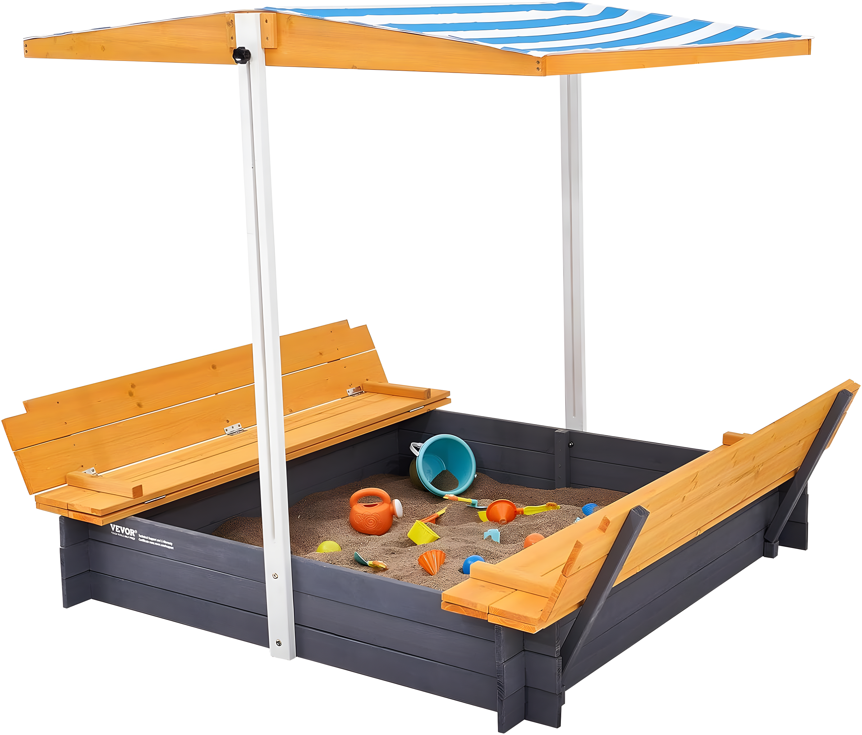 VEVOR Wooden Sandbox with Canopy, Sandpit with Foldable Bench Seats and Bottom Liner, Height Adjustable Roof, Gift for Ages 3-12 Years Old Backyard Garden Easy Assembly (57.3 x 47.2 x 47.2in)