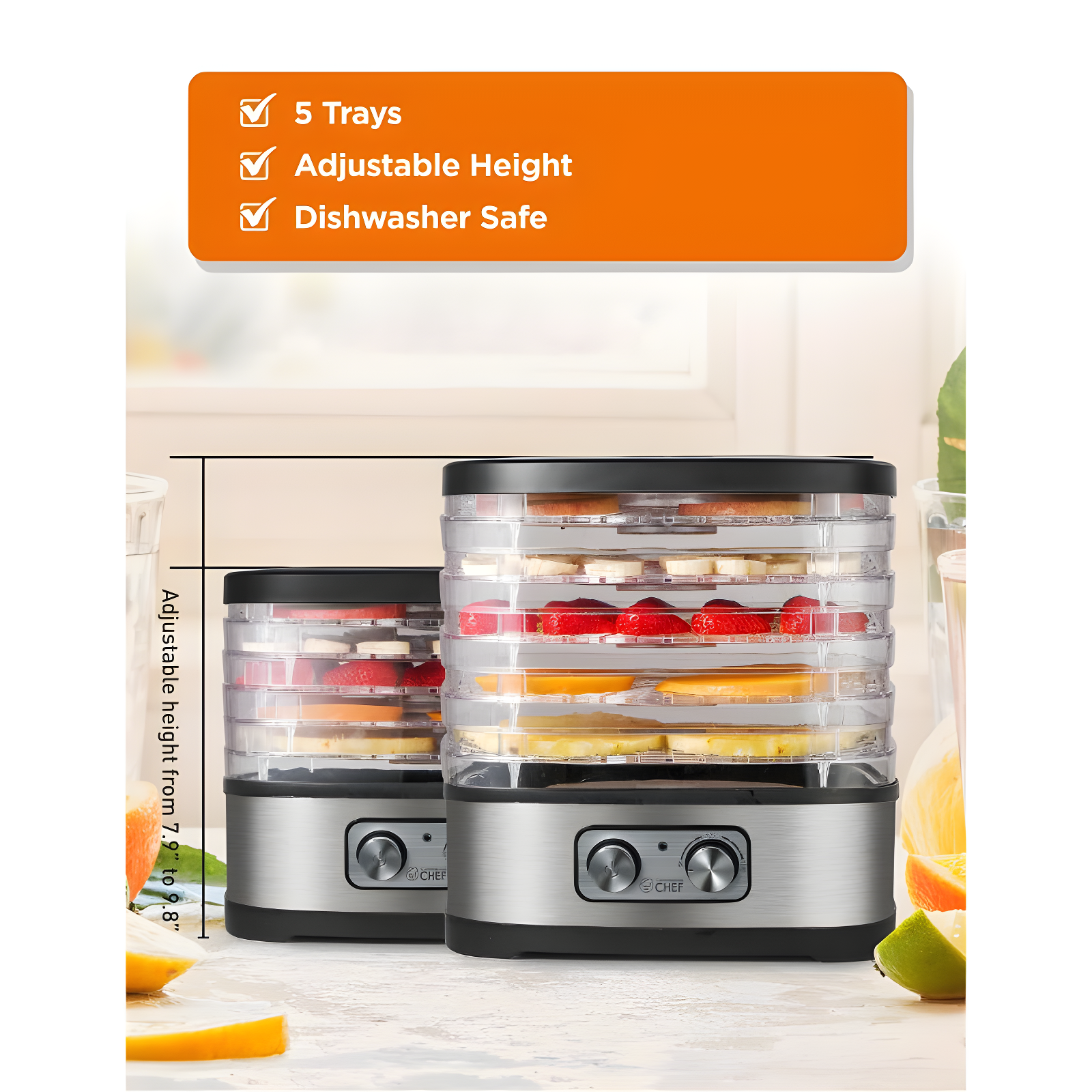 COMMERCIAL CHEF Food Dehydrator with 5 Adjustable Height Trays, Stainless Steel
