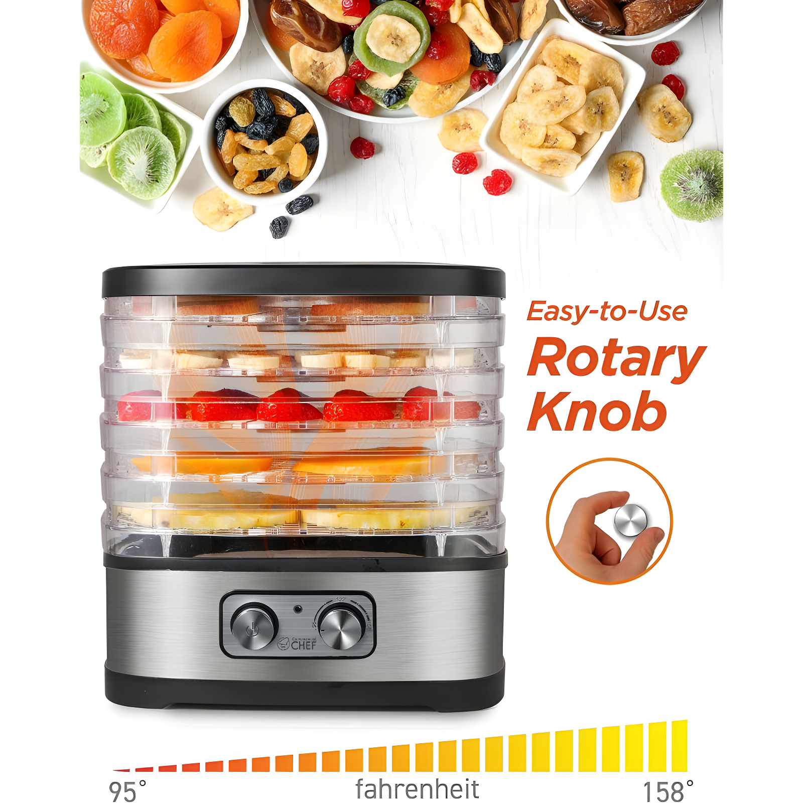 COMMERCIAL CHEF Food Dehydrator with 5 Adjustable Height Trays, Stainless Steel