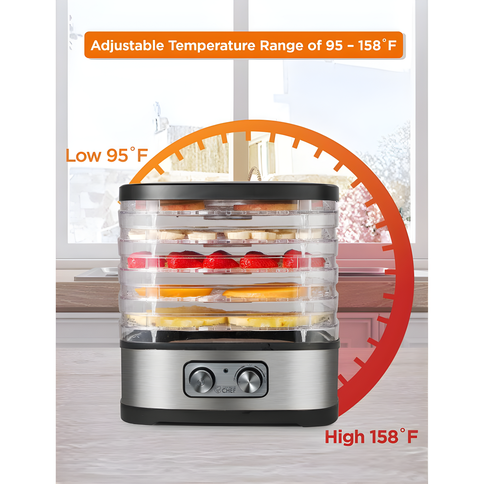 COMMERCIAL CHEF Food Dehydrator with 5 Adjustable Height Trays, Stainless Steel