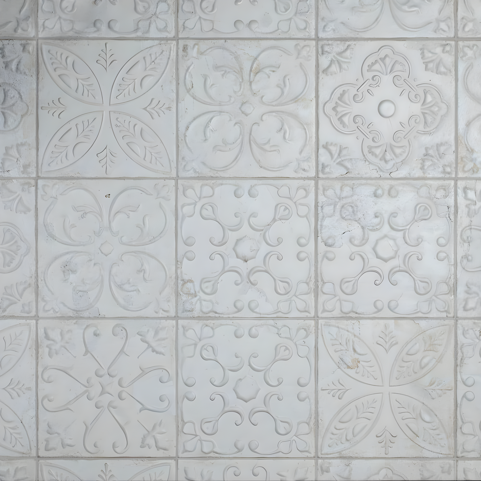 Aevum Ornato White Ceramic Wall Tile with Distressed Patterns