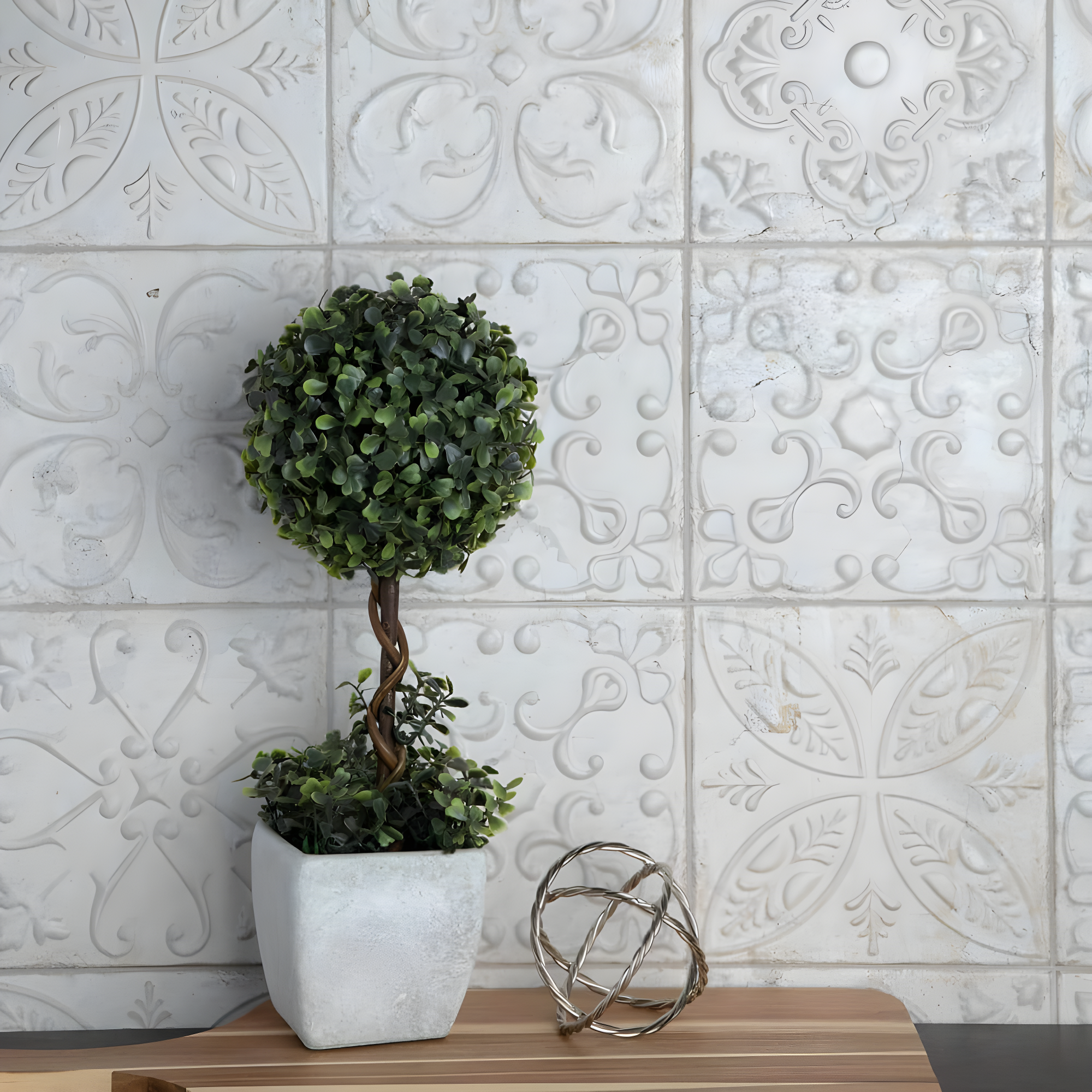 Aevum Ornato White Ceramic Wall Tile with Distressed Patterns