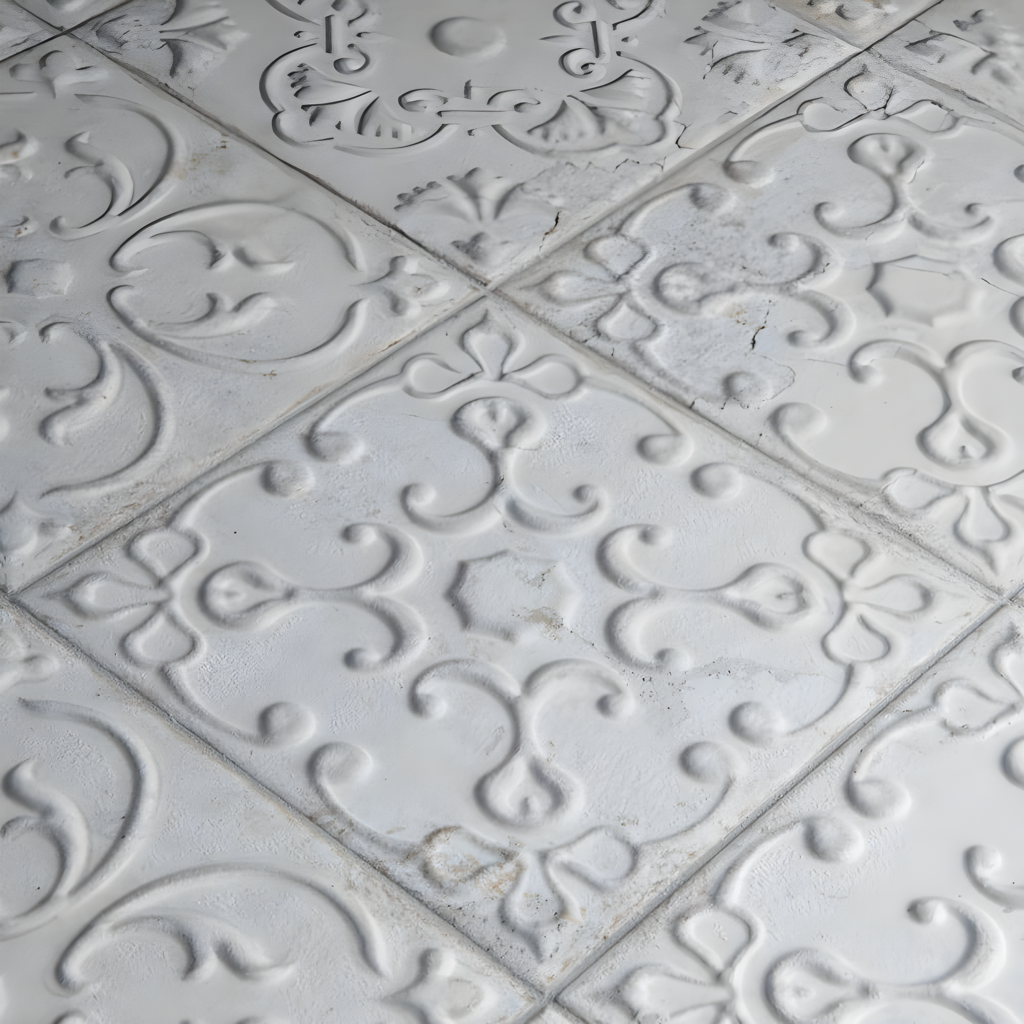 Aevum Ornato White Ceramic Wall Tile with Distressed Patterns