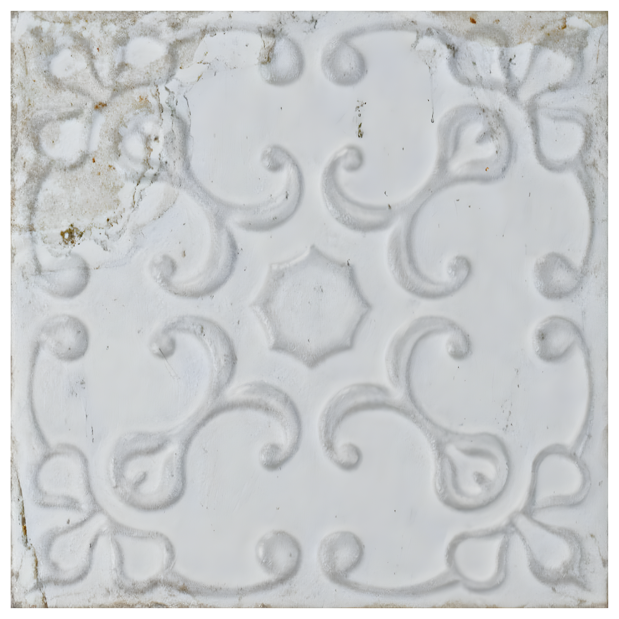 Aevum Ornato White Ceramic Wall Tile with Distressed Patterns