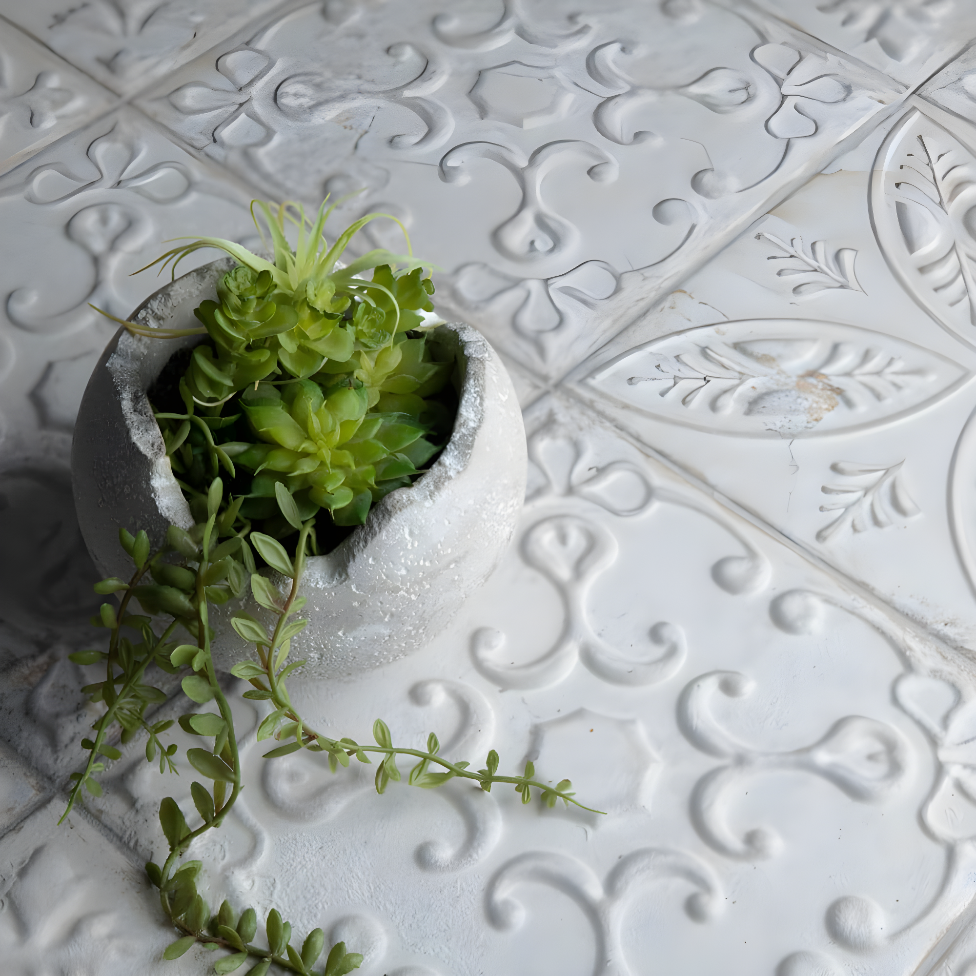 Aevum Ornato White Ceramic Wall Tile with Distressed Patterns