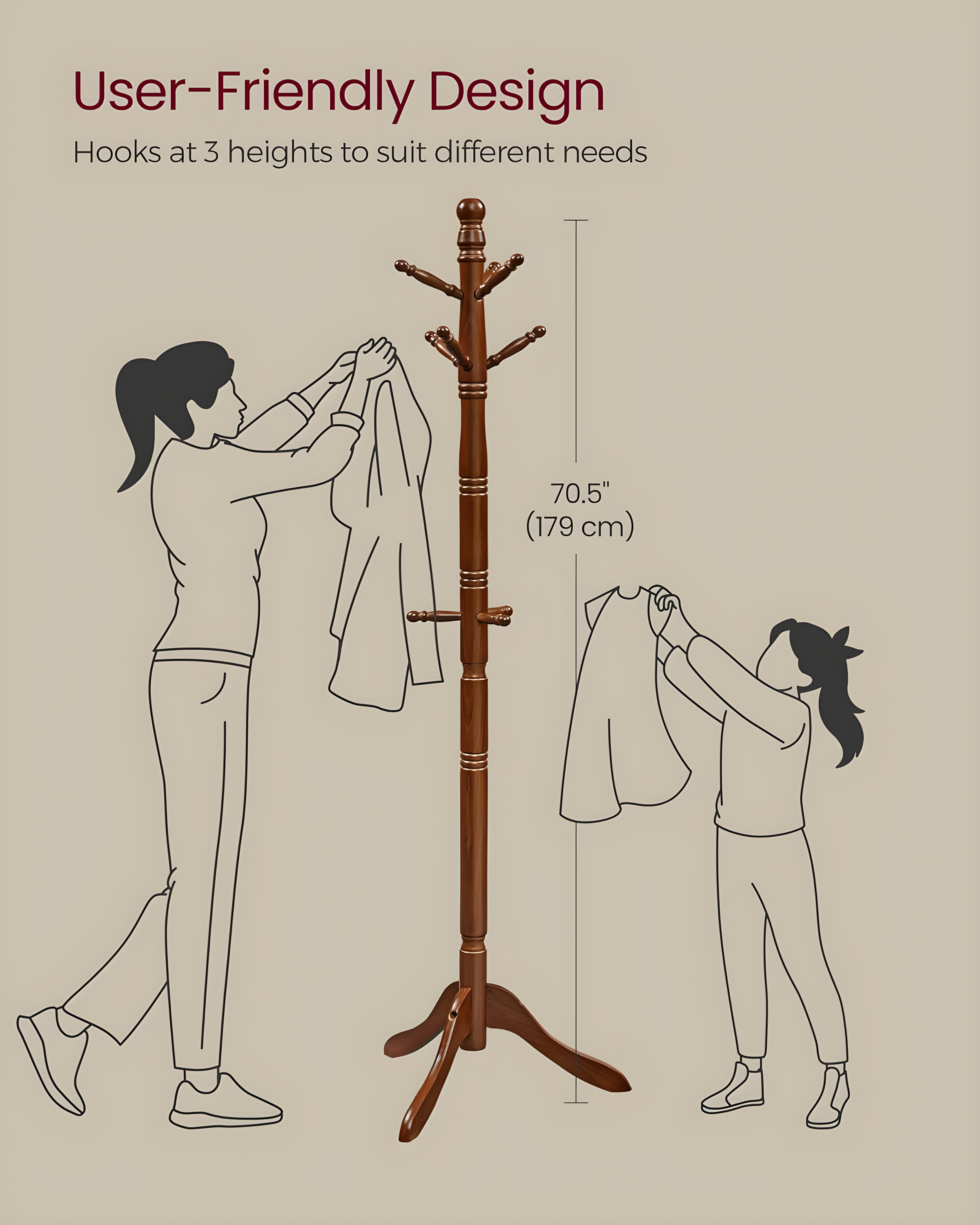 Solid Wood Coat Rack - Free Standing Hall Tree with 10 Hooks, Rubberwood, Dark Walnut