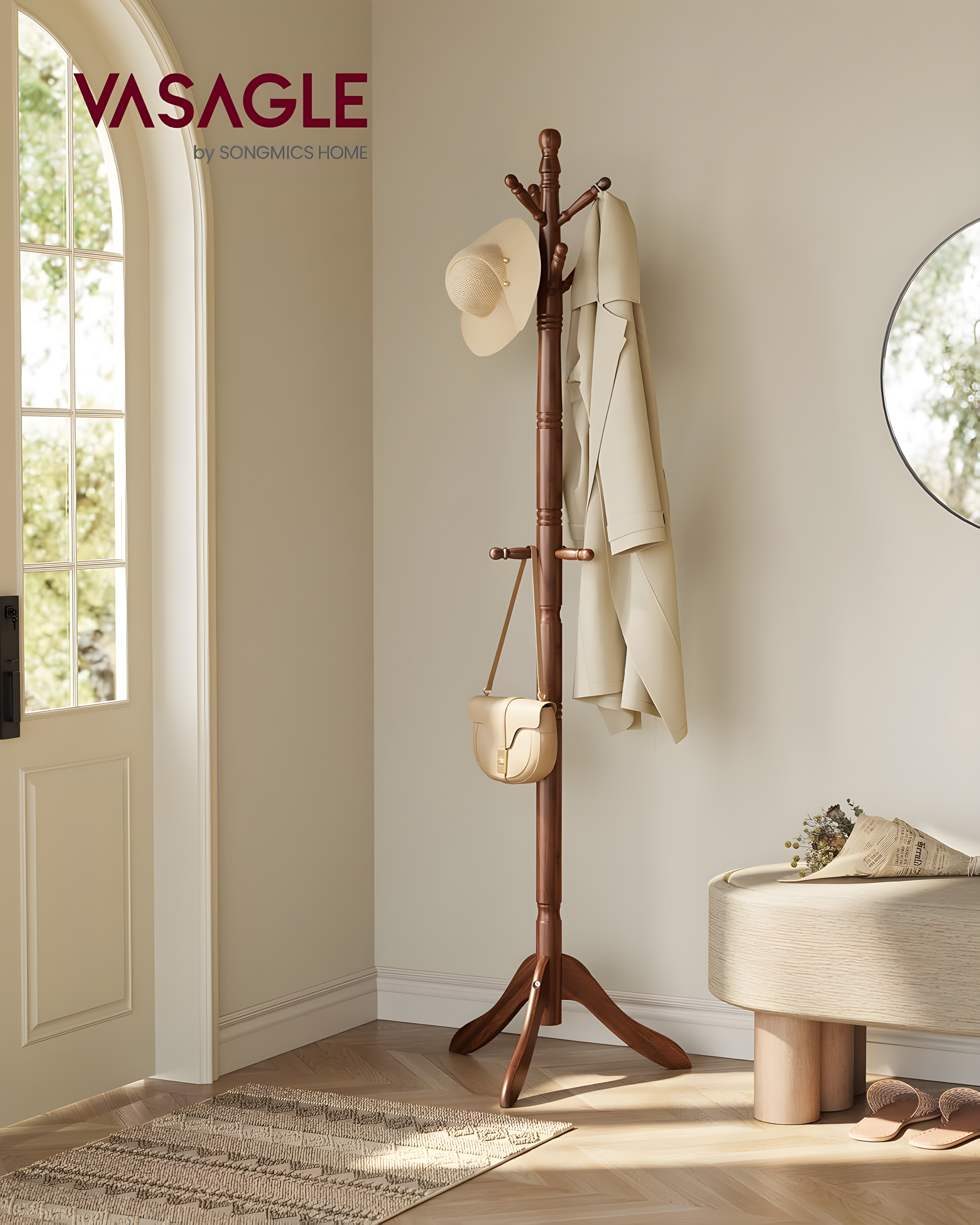 10 Hooks Coat Rack Solid Wood Coat Stand Free Standing Coat Tree for Coats Hats Bags Purses for Entryway Bedroom Rubber wood Dark Walnut