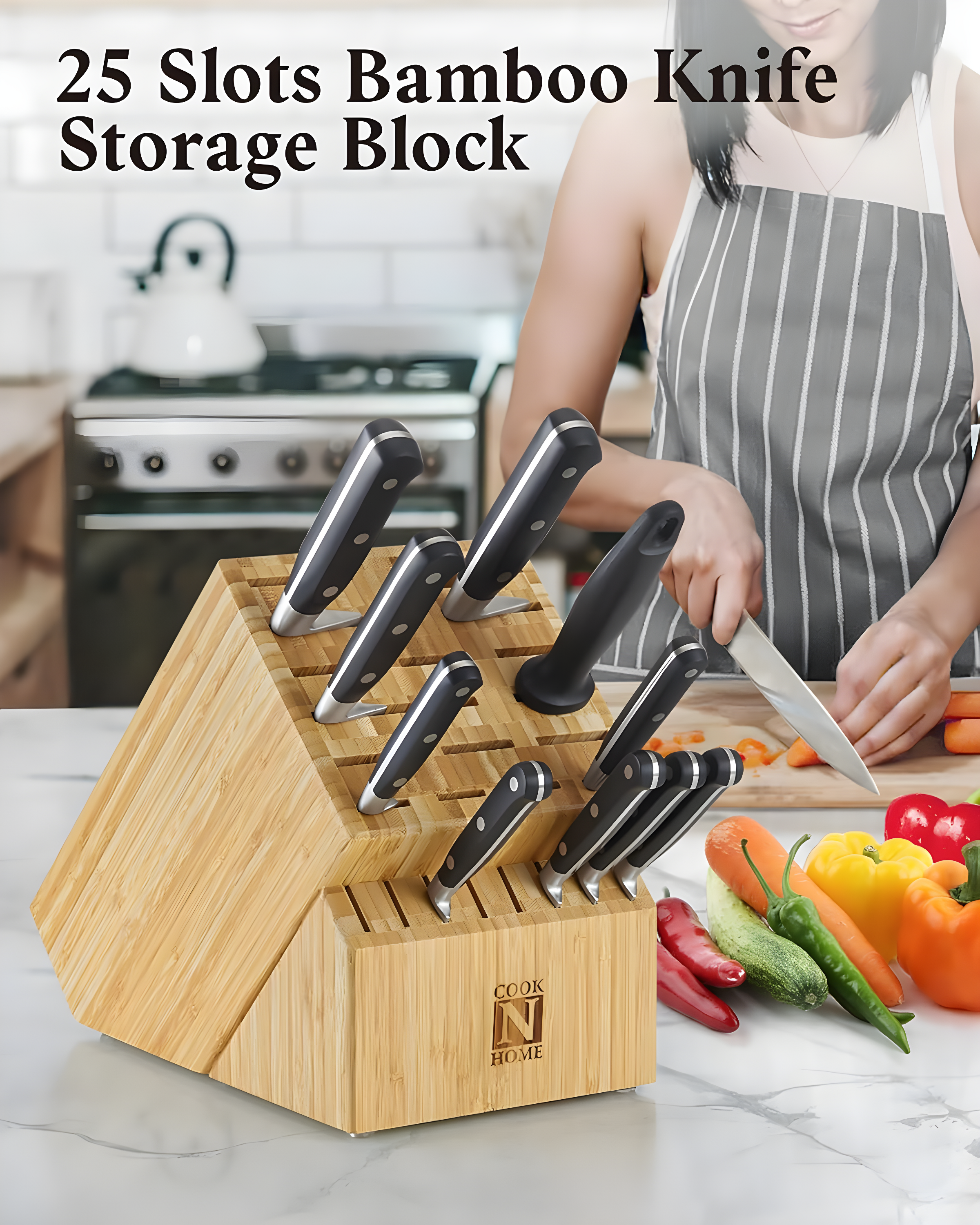 Cook N Home Cook N Home Bamboo Knife Storage Block Without Knives, 25 Slots Universal Knife Holder Countertop Butcher Block Knife Stand For Easy Kitchen Storage