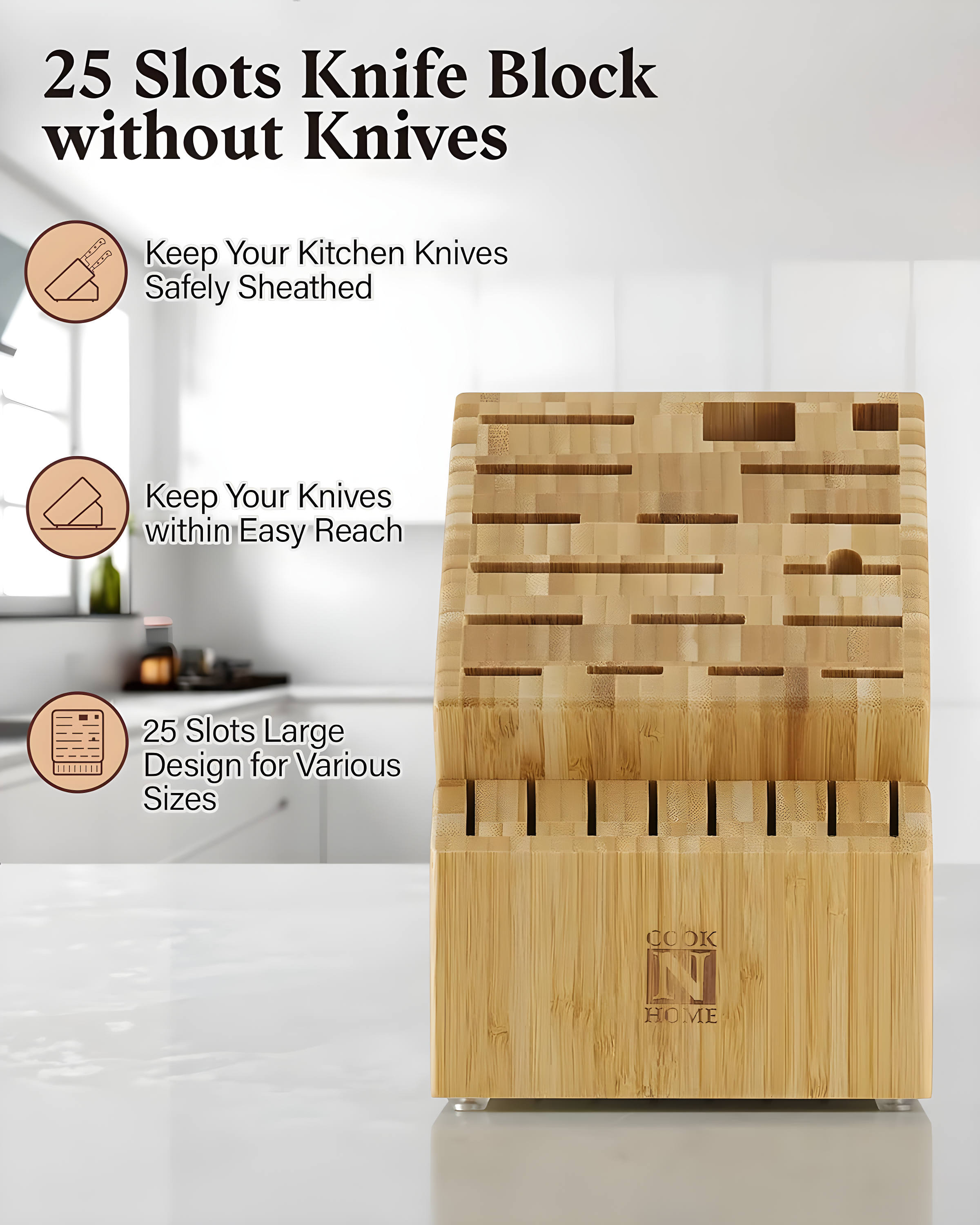 Cook N Home Cook N Home Bamboo Knife Storage Block Without Knives, 25 Slots Universal Knife Holder Countertop Butcher Block Knife Stand For Easy Kitchen Storage