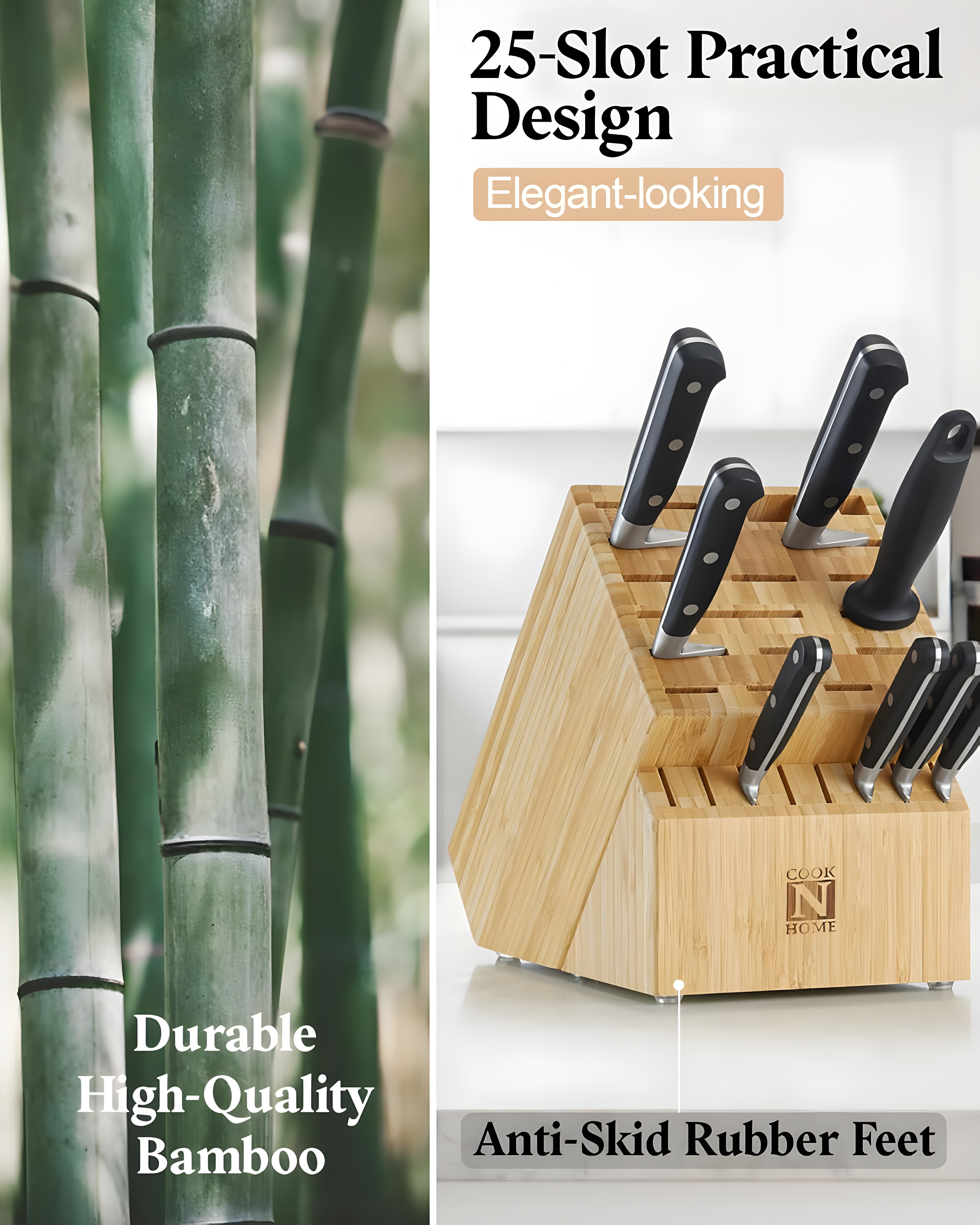 Cook N Home Cook N Home Bamboo Knife Storage Block Without Knives, 25 Slots Universal Knife Holder Countertop Butcher Block Knife Stand For Easy Kitchen Storage