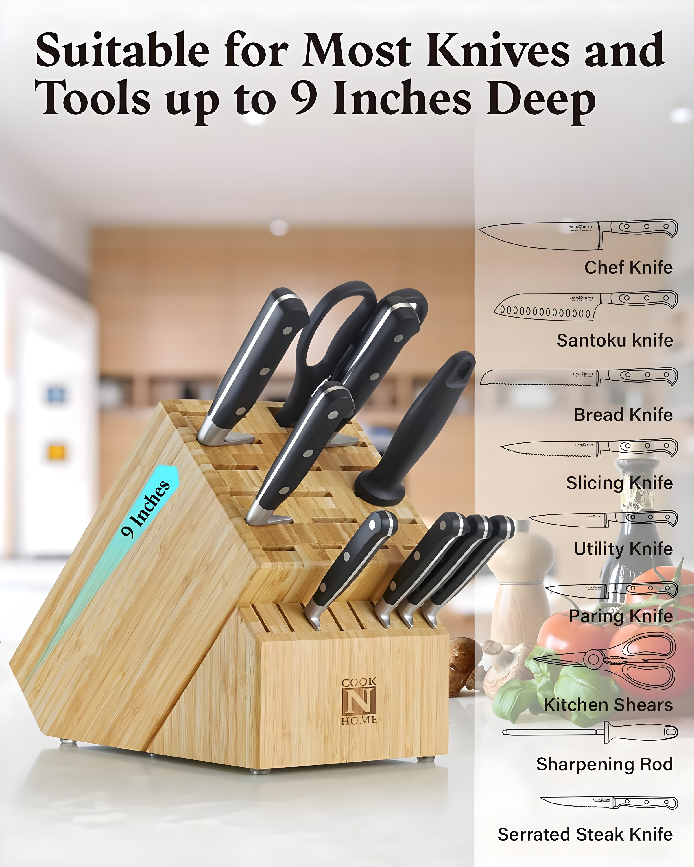 Cook N Home Cook N Home Bamboo Knife Storage Block Without Knives, 25 Slots Universal Knife Holder Countertop Butcher Block Knife Stand For Easy Kitchen Storage