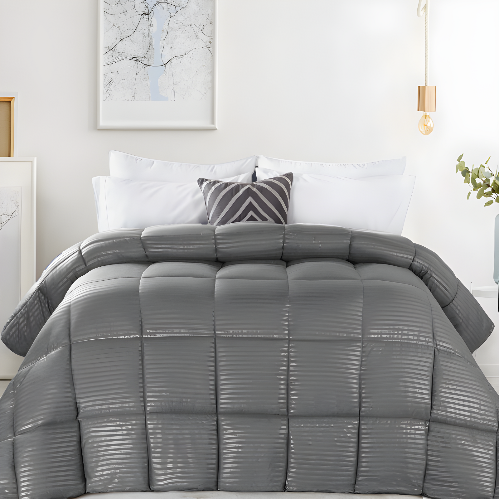 Superior Striped Reversible Box-Quilt Brushed Microfiber Medium Weight Down Alternative Comforter
