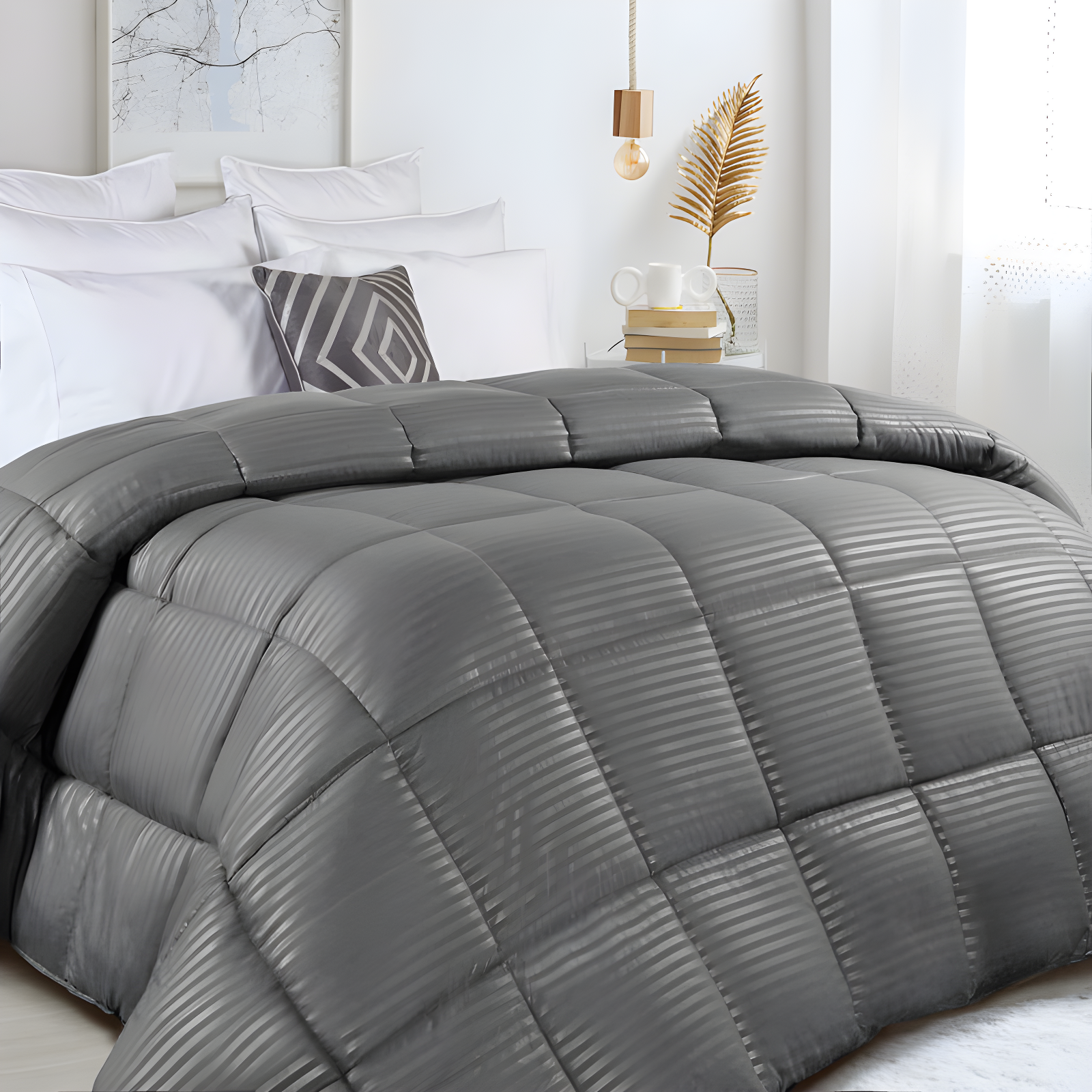 Superior Striped Reversible Box-Quilt Brushed Microfiber Medium Weight Down Alternative Comforter
