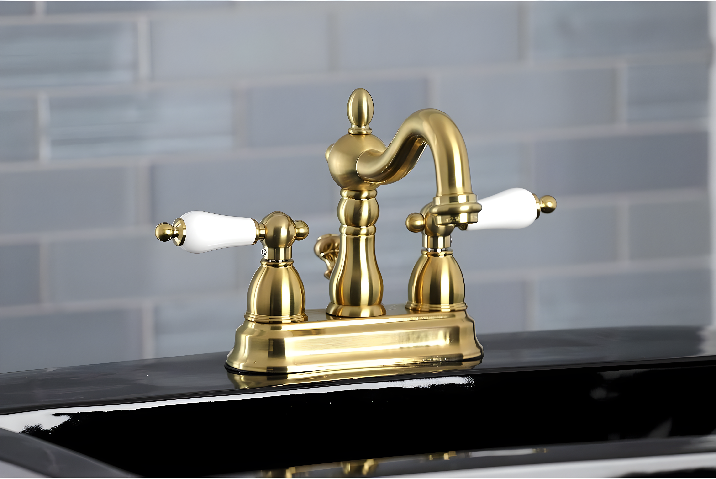 Kingston Brass Heritage Two-Handle 3-Hole Deck Mount 4" Centerset Bathroom Faucet with Plastic Pop-Up