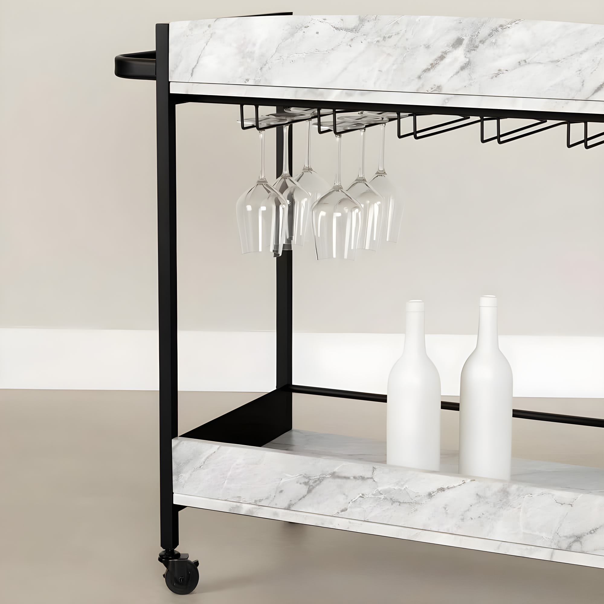 City Life Bar Cart with Wine Glass Rack Black/Faux Carrara Marble - South Shore