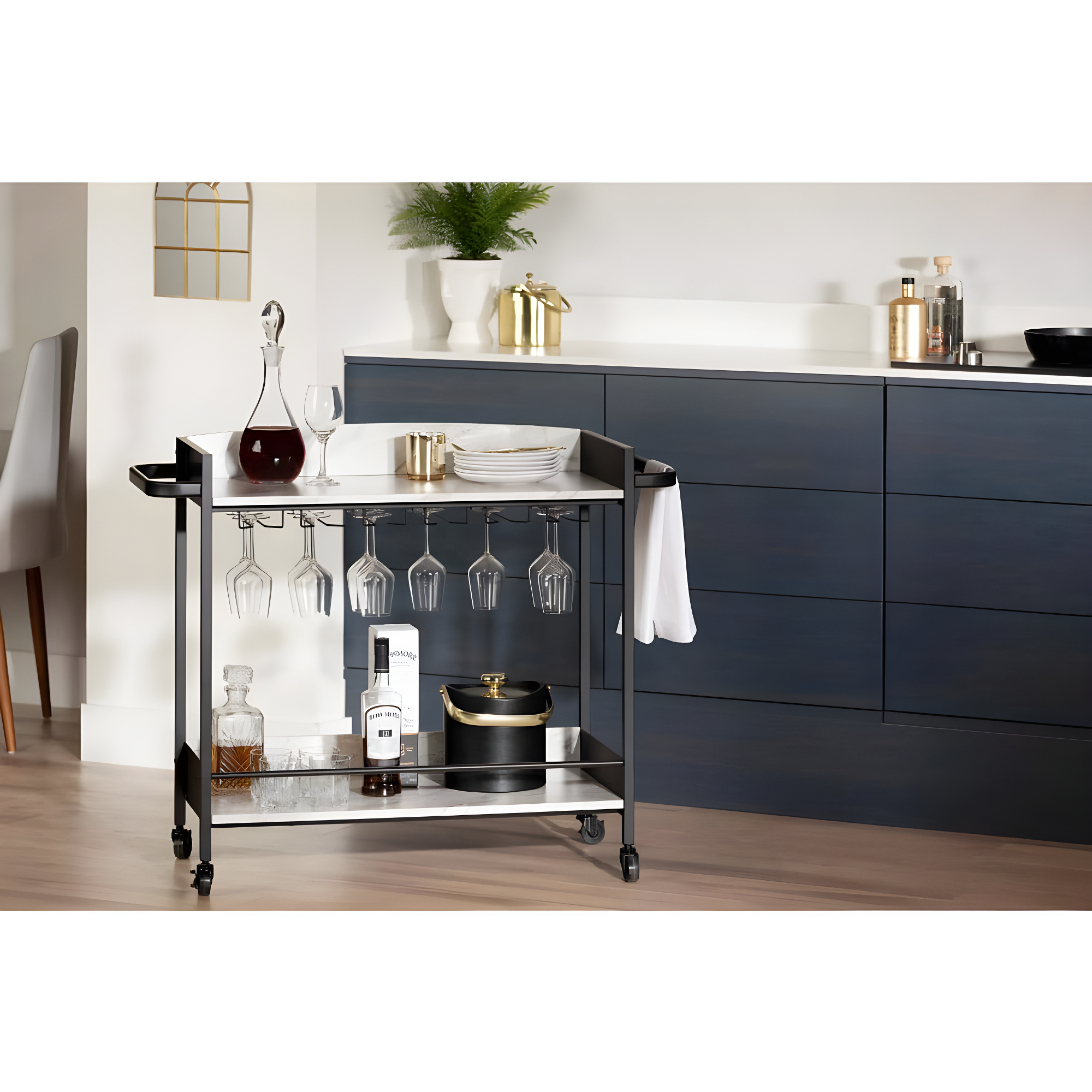 City Life Bar Cart with Wine Glass Rack Black/Faux Carrara Marble - South Shore