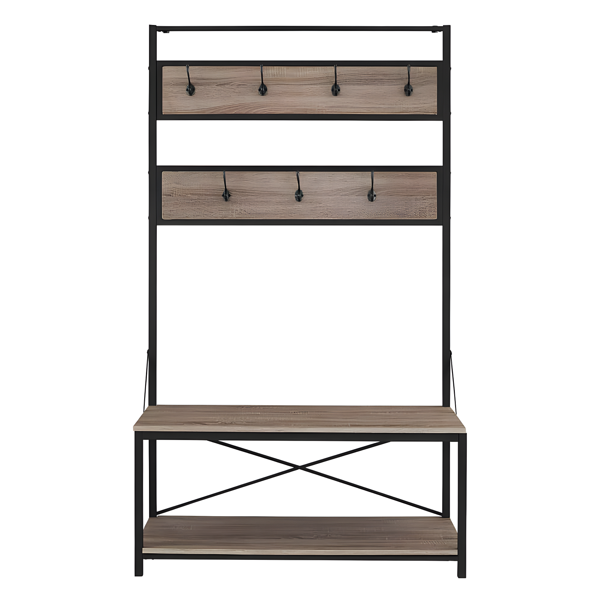 Driftwood and Black Industrial Hall Tree with Bench and Storage