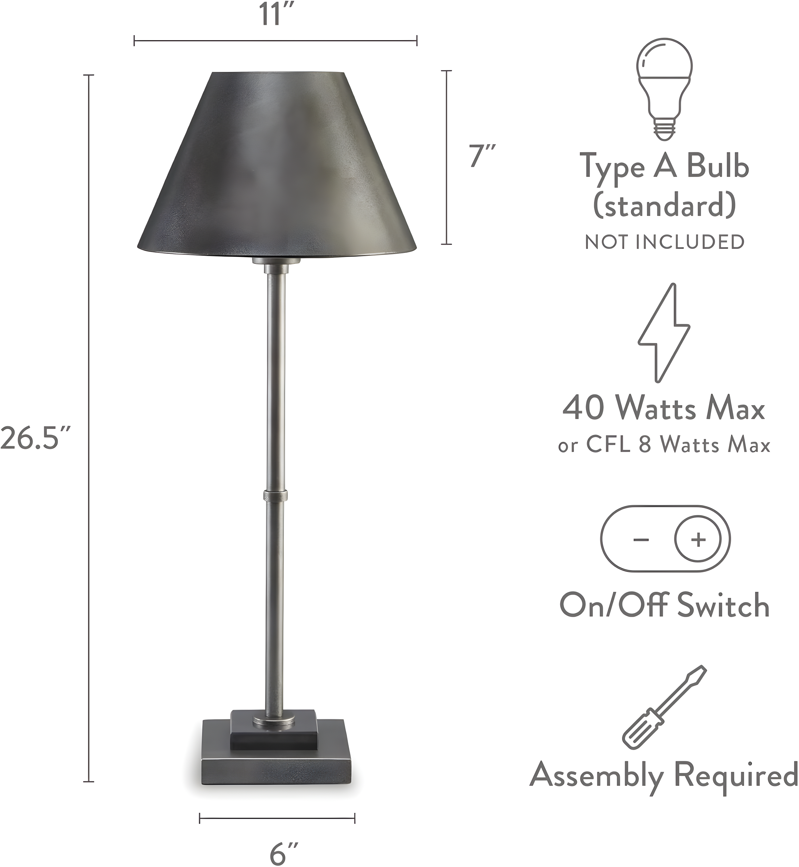 26.38" Belldunn Antique Pewter Metal Table Lamp - Signature Design by Ashley: Marble Base, UL Listed, Empire Shade