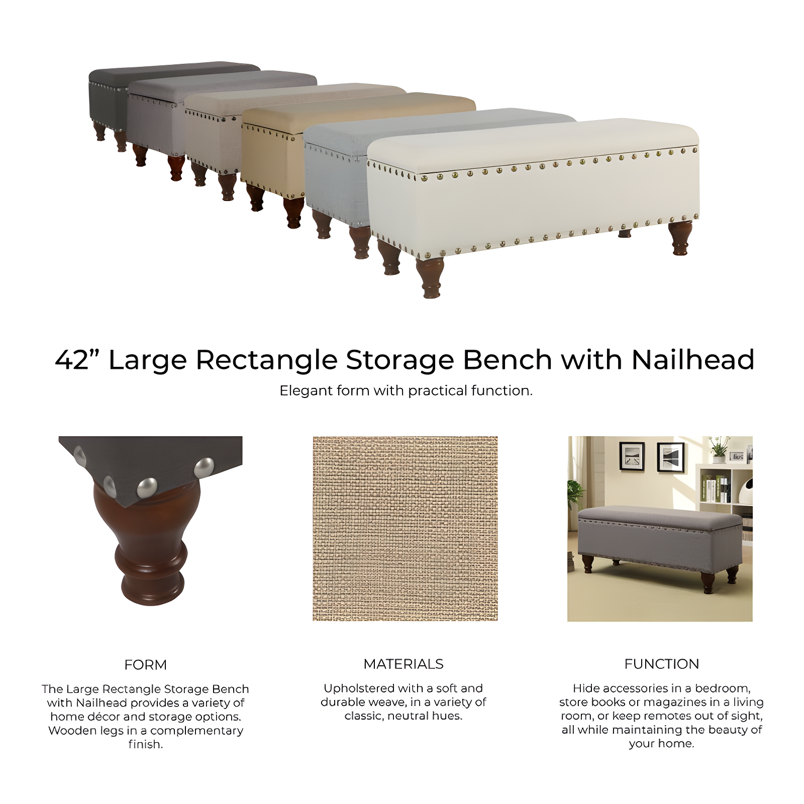 Large Storage Bench with Nailhead Trim Cream - HomePop
