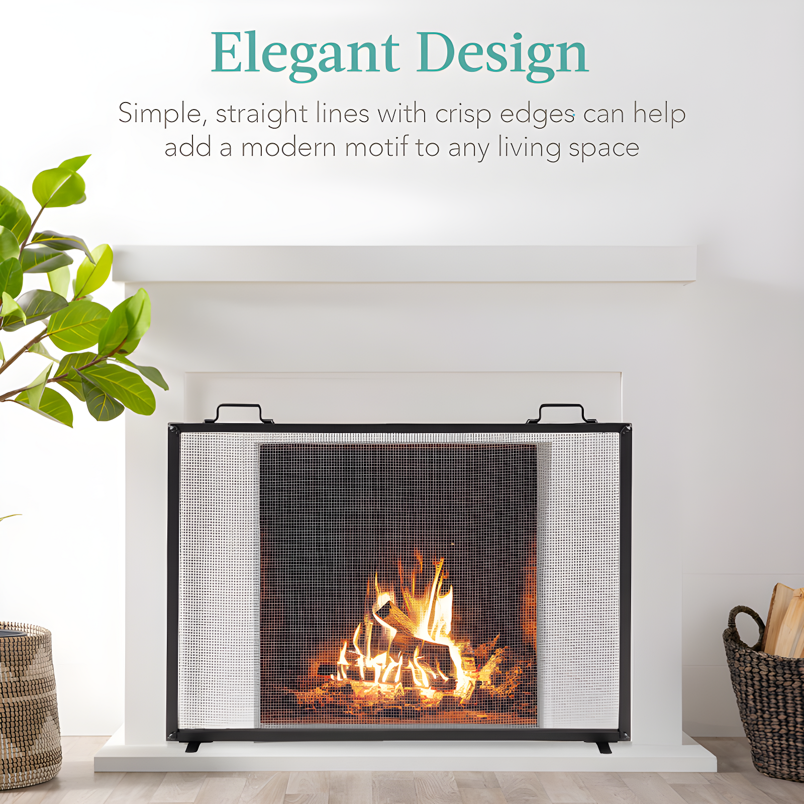 Cassiano 38x27in Single Panel Fireplace Screen Handcrafted Steel Mesh Spark Guard w/ Handles