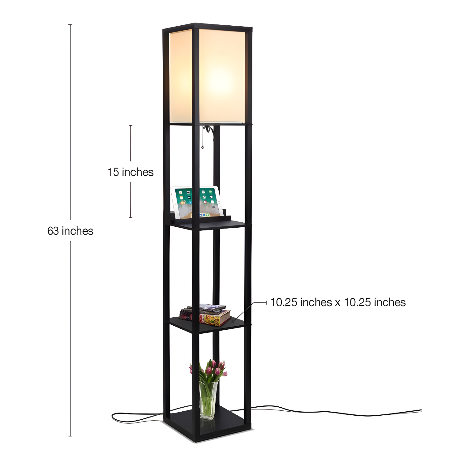 Brightech Maxwell 63 in. USB and Wireless Charging LED Floor Lamp with White Fabric Square Shade