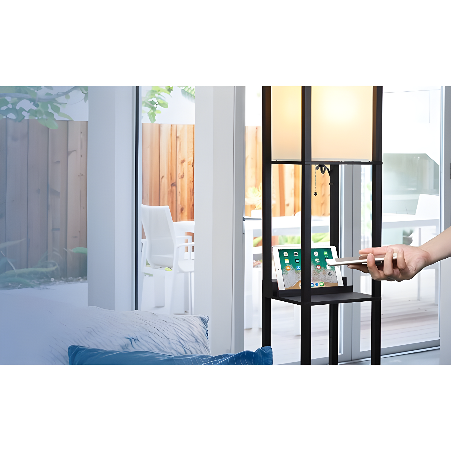 Brightech Maxwell 63 in. USB and Wireless Charging LED Floor Lamp with White Fabric Square Shade