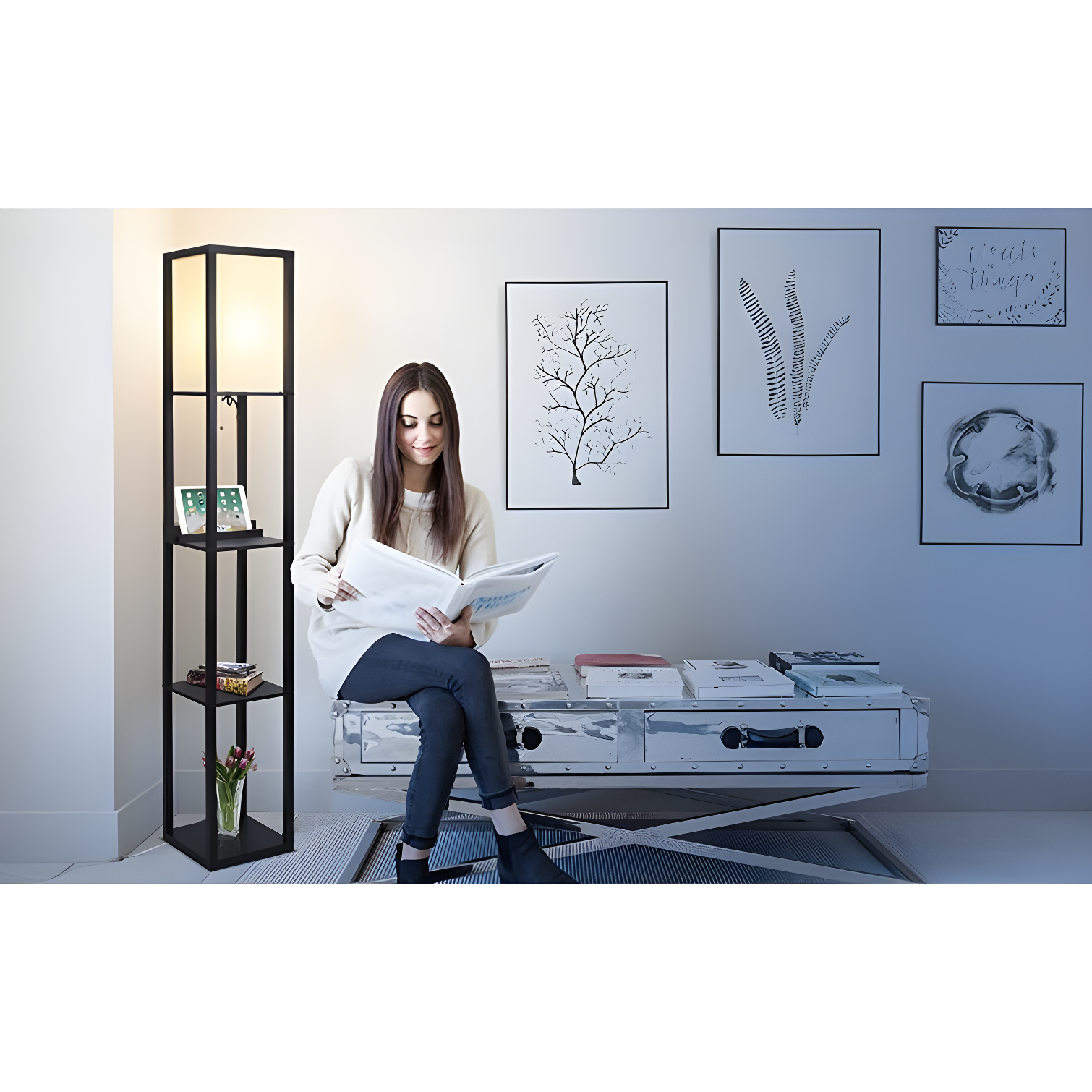 Brightech Maxwell 63 in. USB and Wireless Charging LED Floor Lamp with White Fabric Square Shade