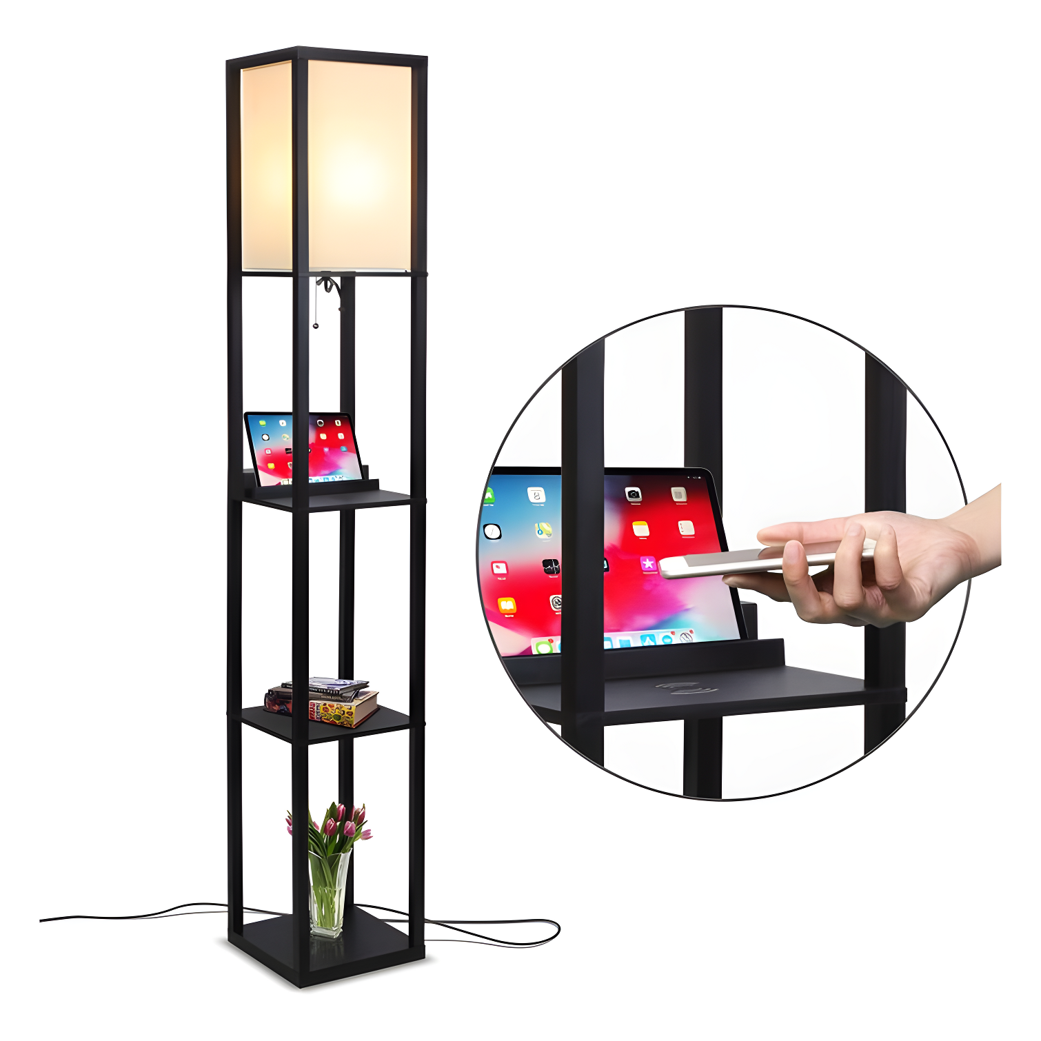 Brightech Maxwell 63 in. USB and Wireless Charging LED Floor Lamp with White Fabric Square Shade