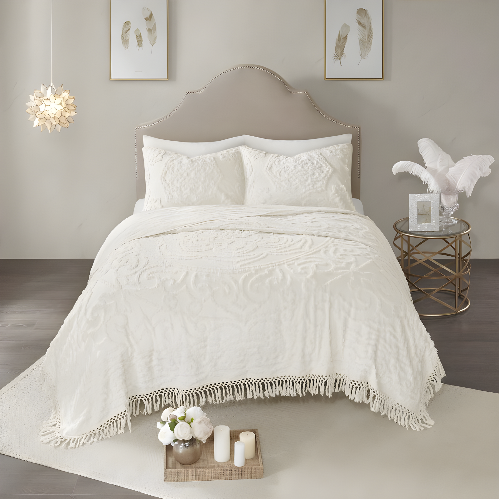 Laetitia Tufted Chenille Cotton Medallion Fringe Coverlet Set