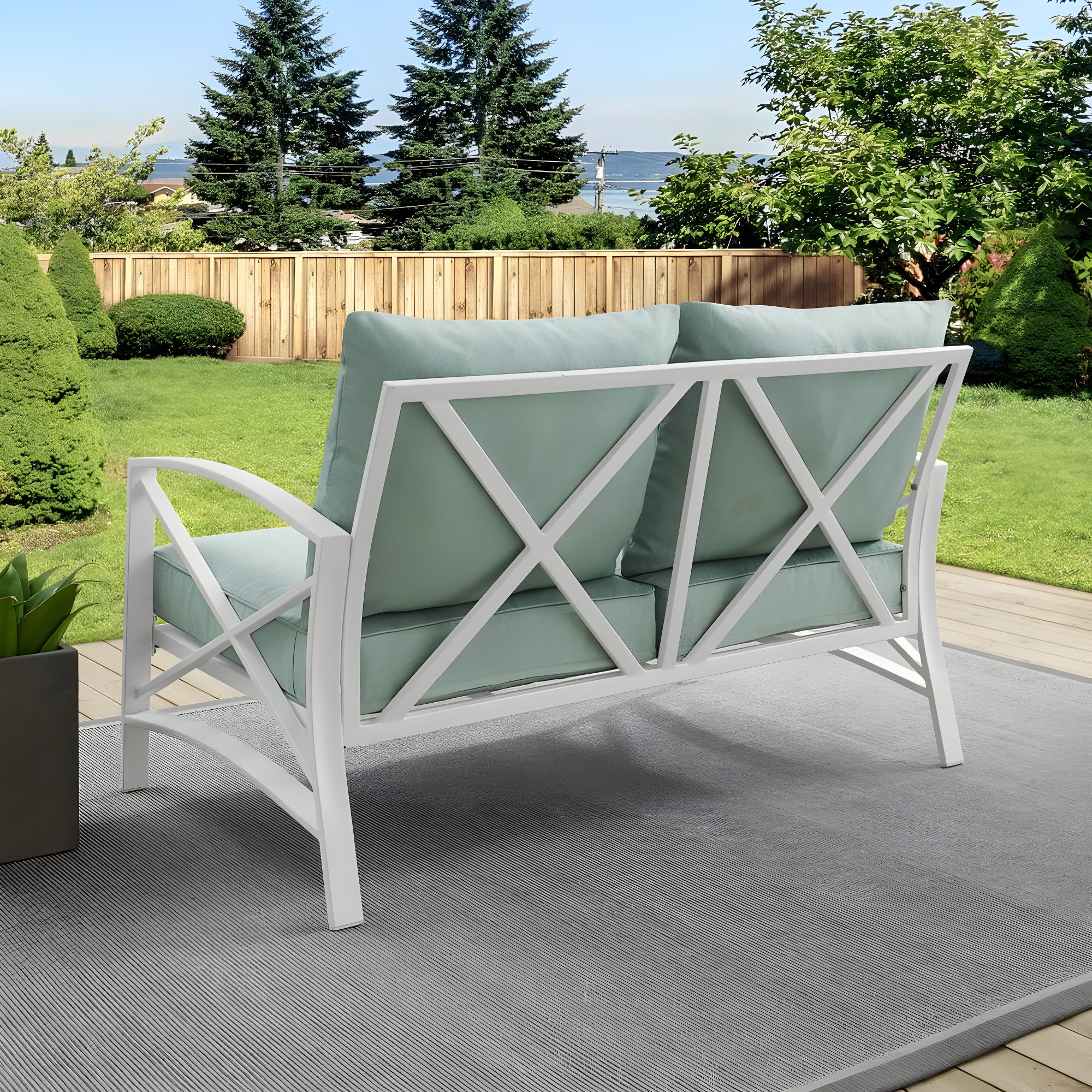 Kaplan Loveseat White/Teal - Crosley: UV-Resistant, Padded Outdoor Sofa with Steel Frame, Seats 2