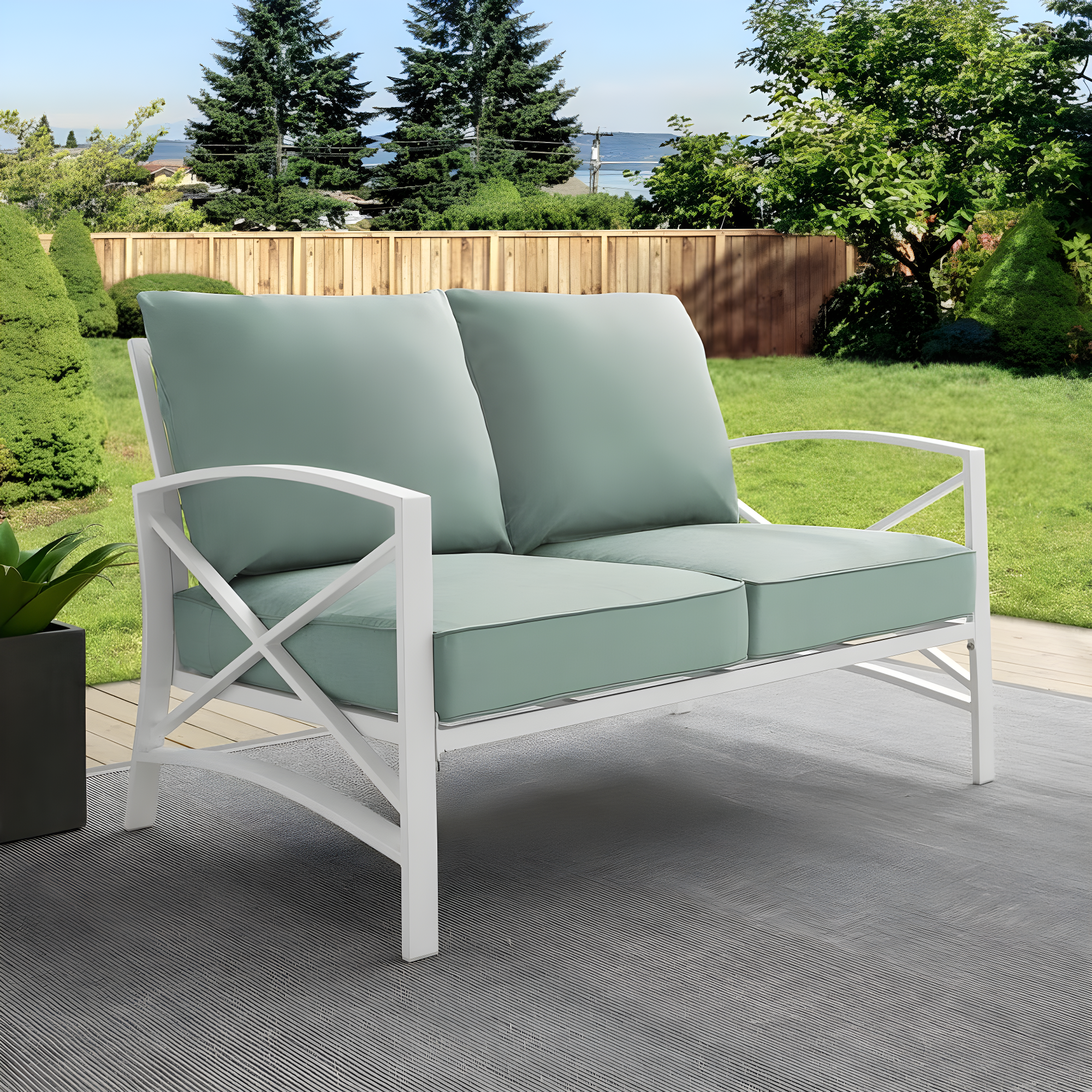 Kaplan Loveseat White/Teal - Crosley: UV-Resistant, Padded Outdoor Sofa with Steel Frame, Seats 2