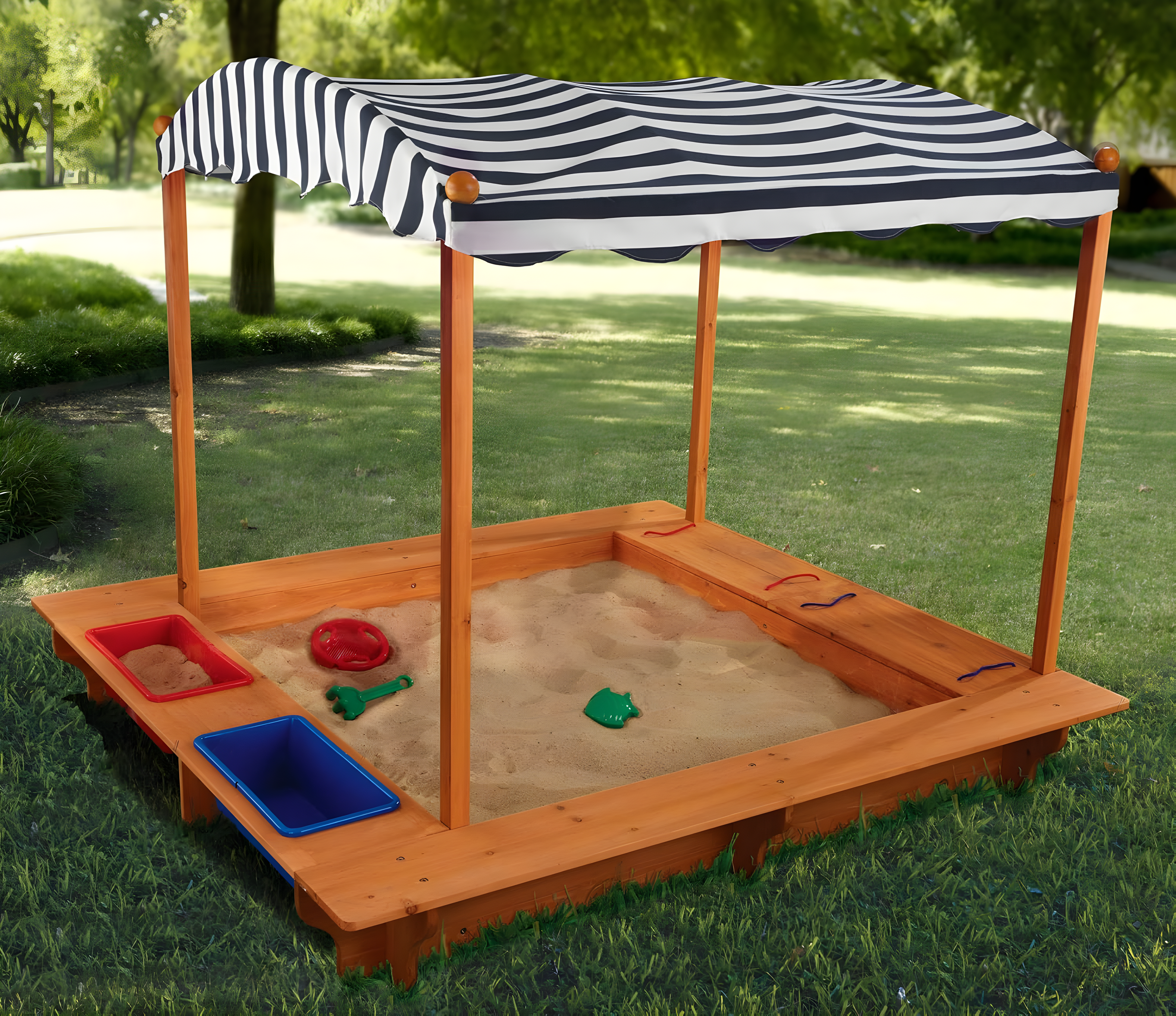 KidKraft Outdoor Covered Wooden Sandbox with Bins and Striped Navy & White Canopy