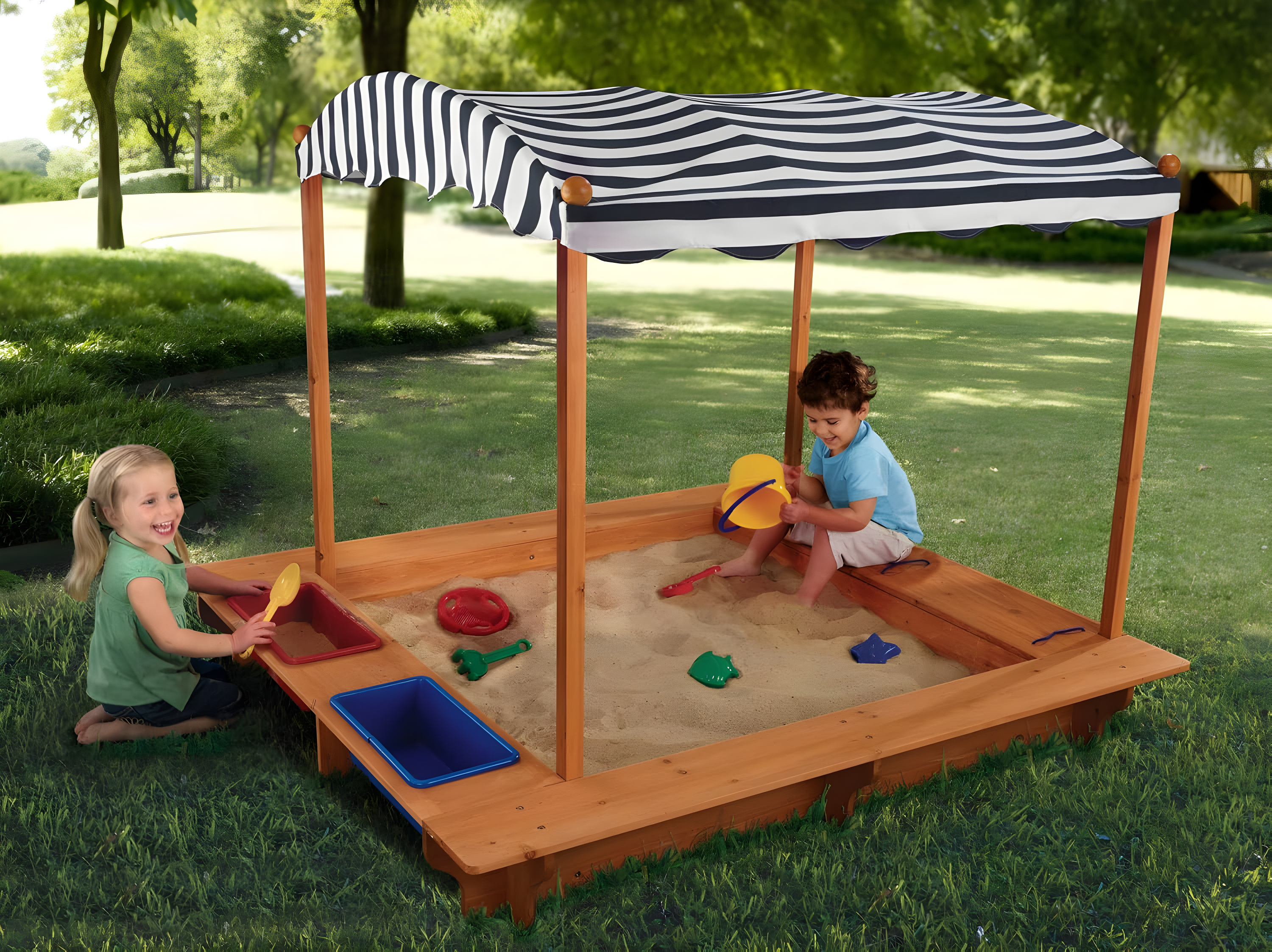 KidKraft Outdoor Covered Wooden Sandbox with Bins and Striped Navy & White Canopy