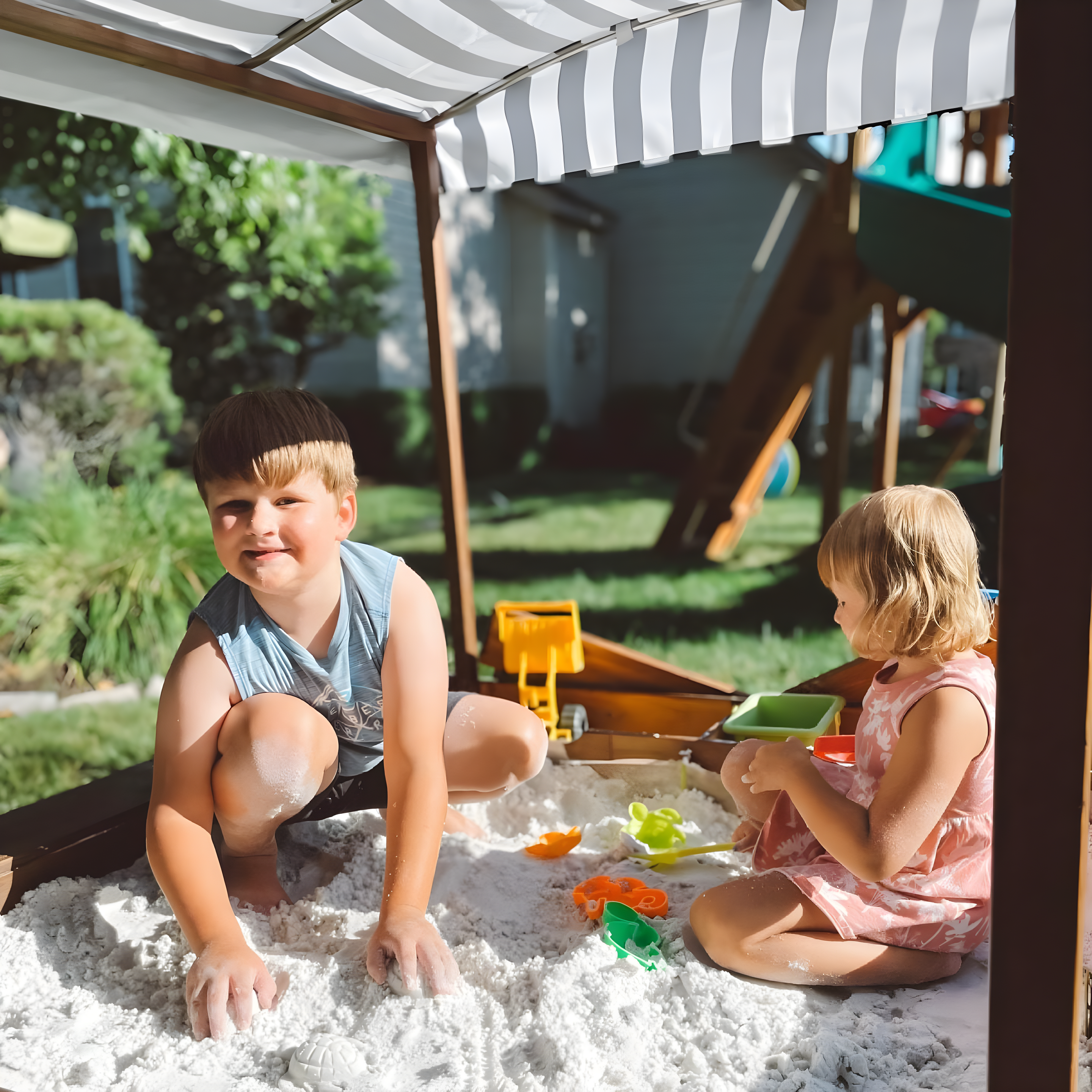 KidKraft Outdoor Covered Wooden Sandbox with Bins and Striped Navy & White Canopy