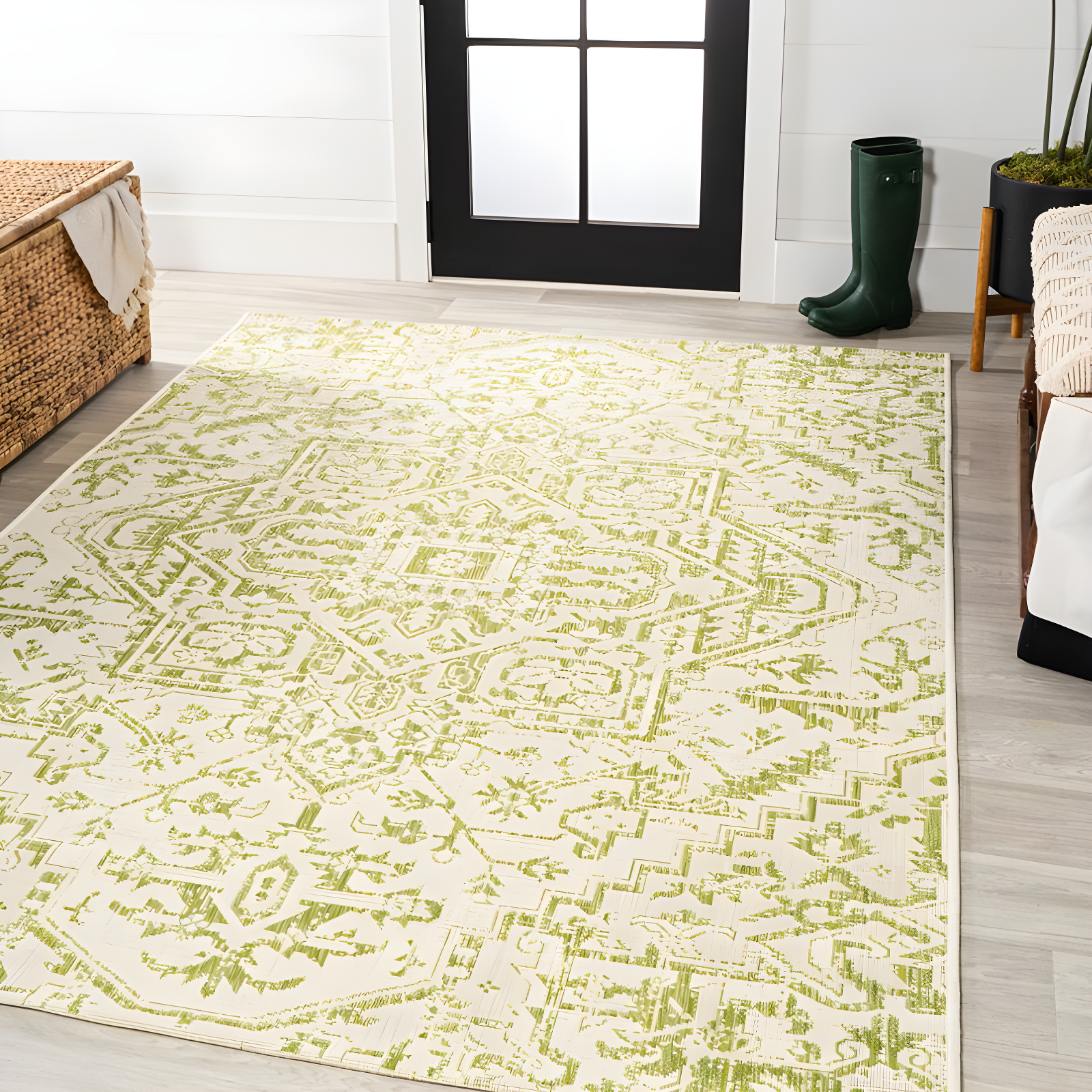 3' x 5' Estrella Bohemian Styled Medallion Textured Weave Indoor/Outdoor Area Rug, Cream/Green - JONATHAN Y