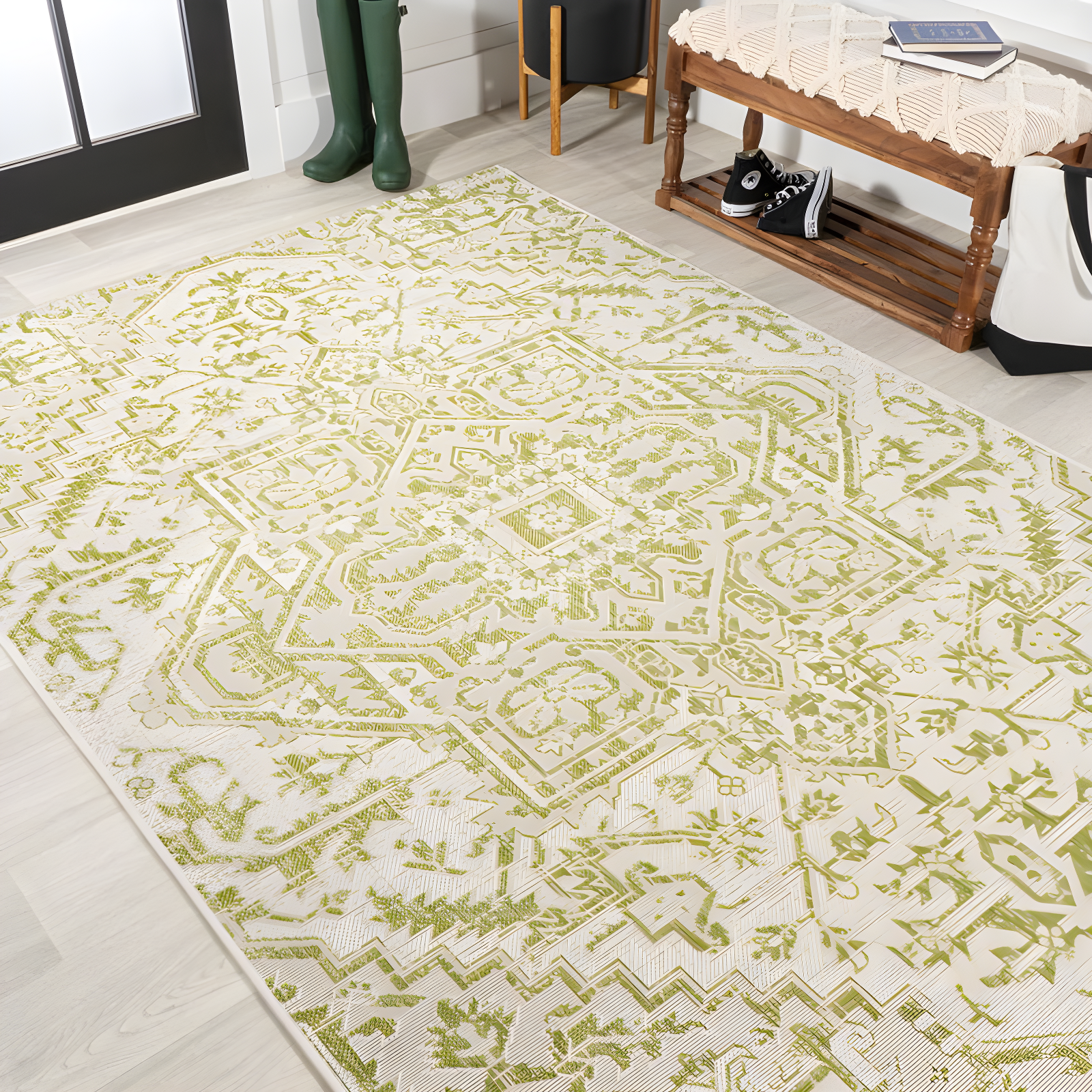 3' x 5' Estrella Bohemian Styled Medallion Textured Weave Indoor/Outdoor Area Rug, Cream/Green - JONATHAN Y