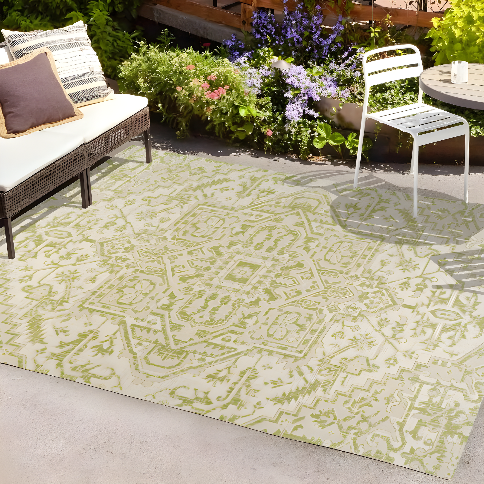 3' x 5' Estrella Bohemian Styled Medallion Textured Weave Indoor/Outdoor Area Rug, Cream/Green - JONATHAN Y