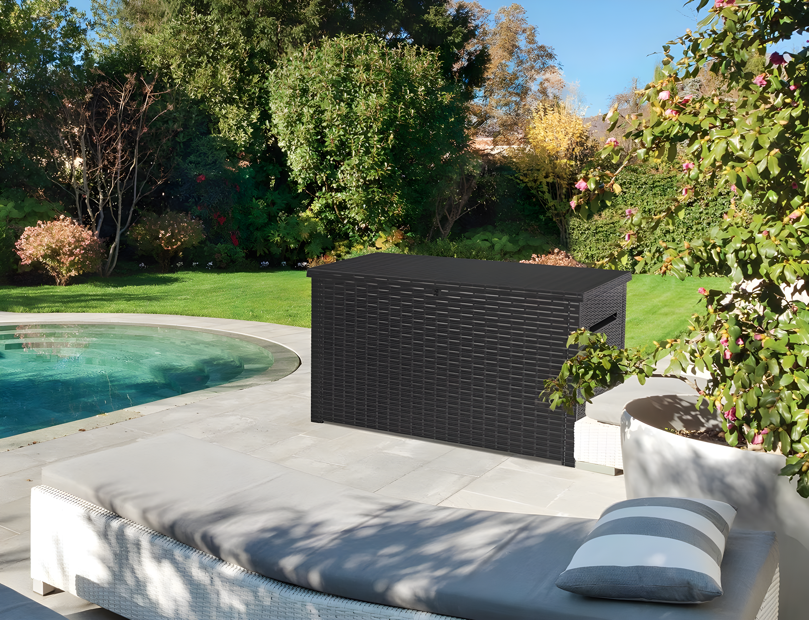 Keter Java XXL 230 Gallon Resin Rattan Look Large Outdoor Storage Deck Box for Patio Furniture Cushions, Pool Toys, and Garden Tools, Grey