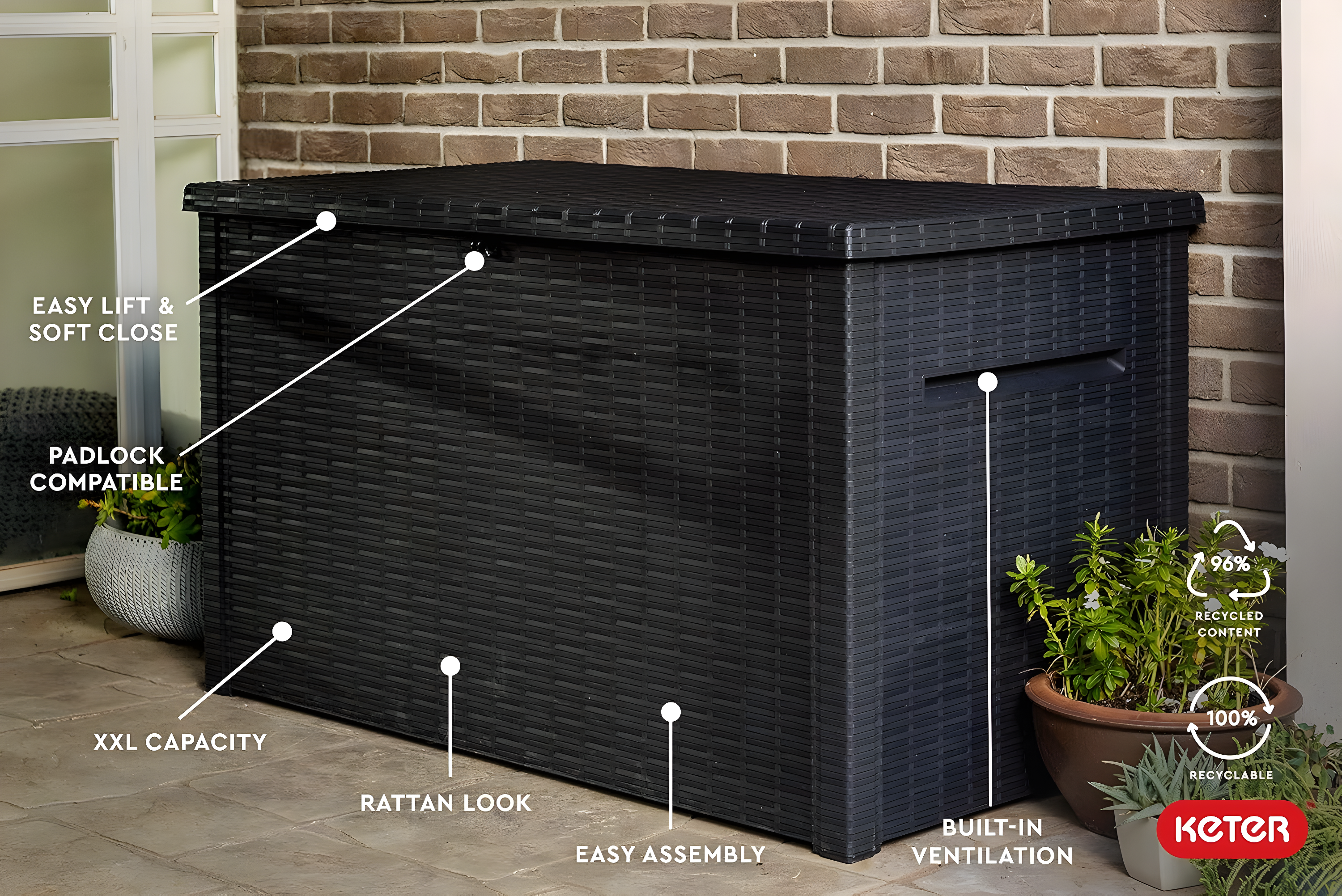 Keter Java XXL 230 Gallon Resin Rattan Look Large Outdoor Storage Deck Box for Patio Furniture Cushions, Pool Toys, and Garden Tools, Grey