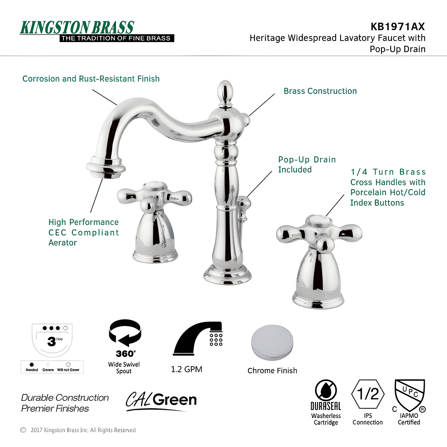 Kingston Brass Heritage Two-Handle 3-Hole Deck Mount Widespread Bathroom Faucet with Pop-Up Drain