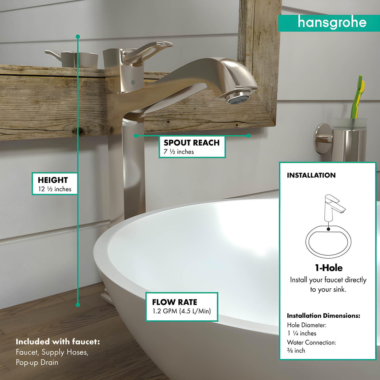 Hansgrohe Metropol Classic Single-Hole Faucet 260 with Drain Assembly, 1.2 GPM