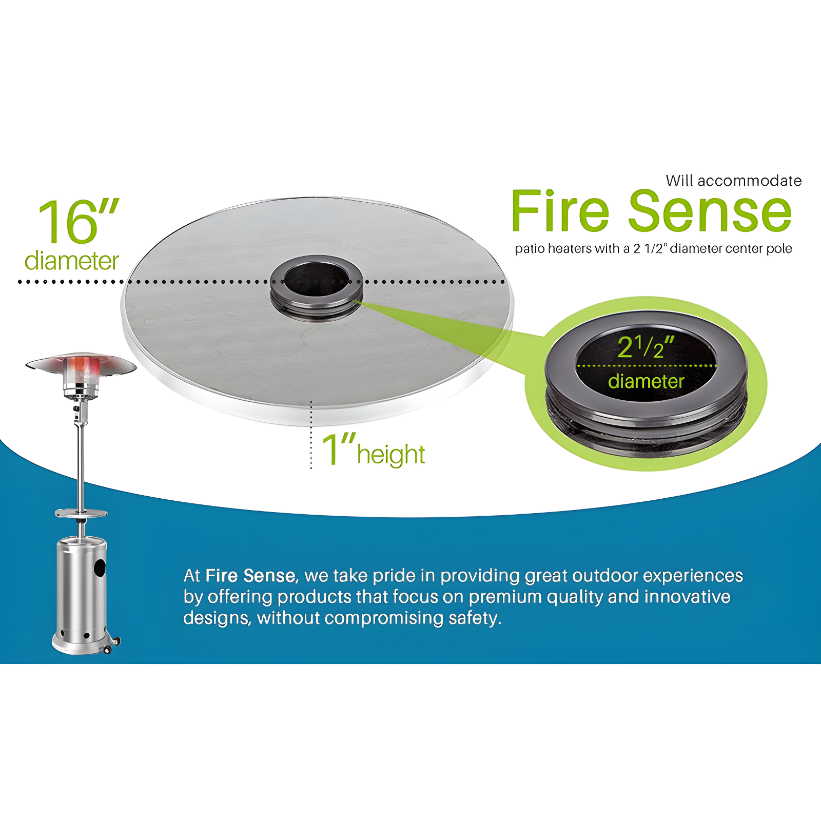 Fire Sense Fire Sense Adjustable Table for Patio Heater Stainless Steel Construction, Fits heaters with 2-1/2” Diameter Posts-16" Diameter