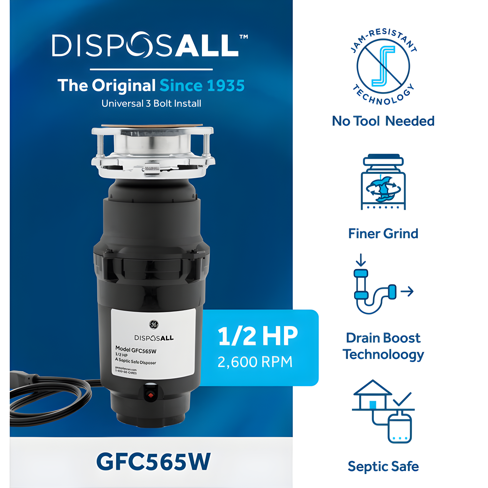 GE Appliances GE Disposall 1/2 HP Continuous Feed Garbage Disposer Corded