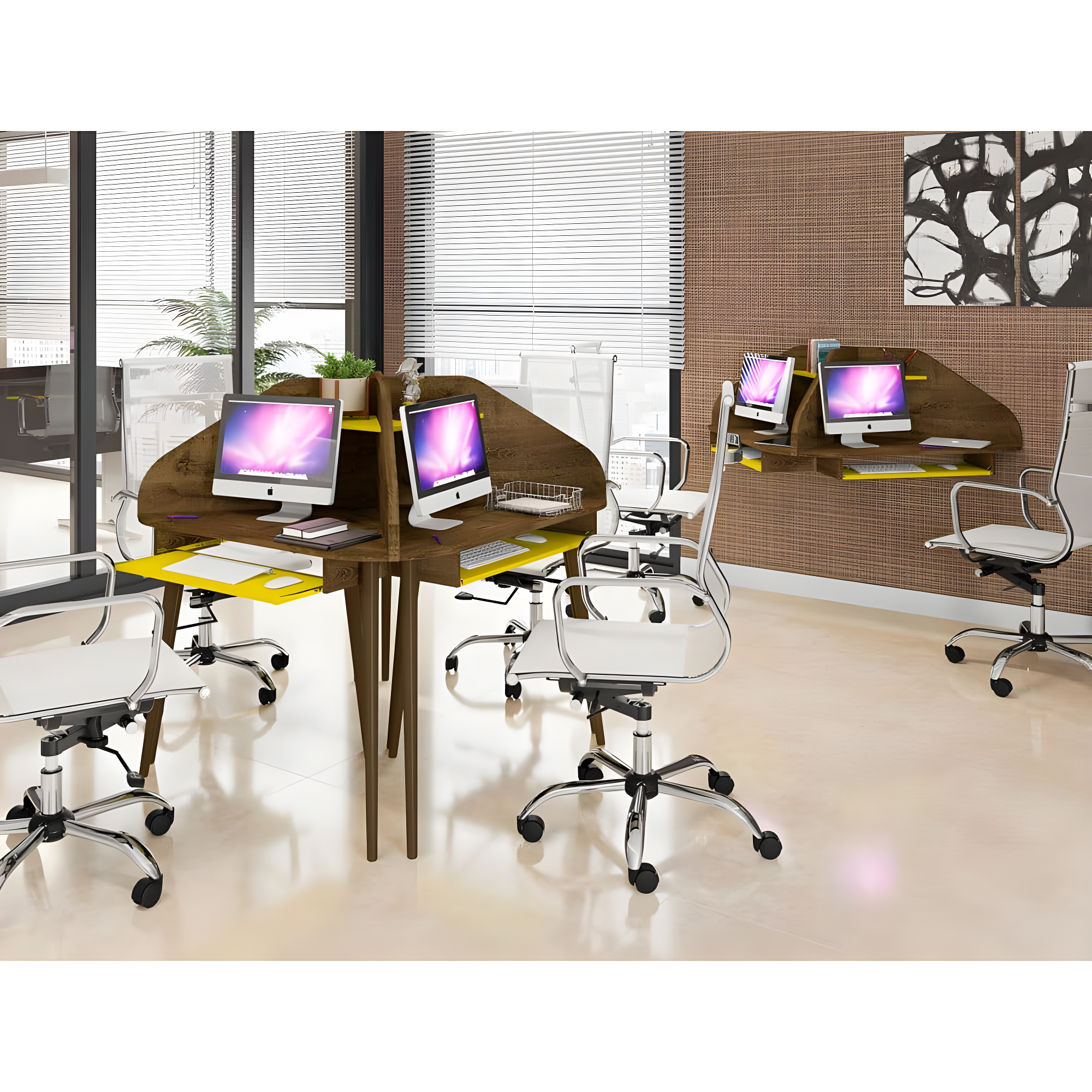 Bradley Floating Corner Desk with Keyboard Shelf in Rustic Brown and Yellow