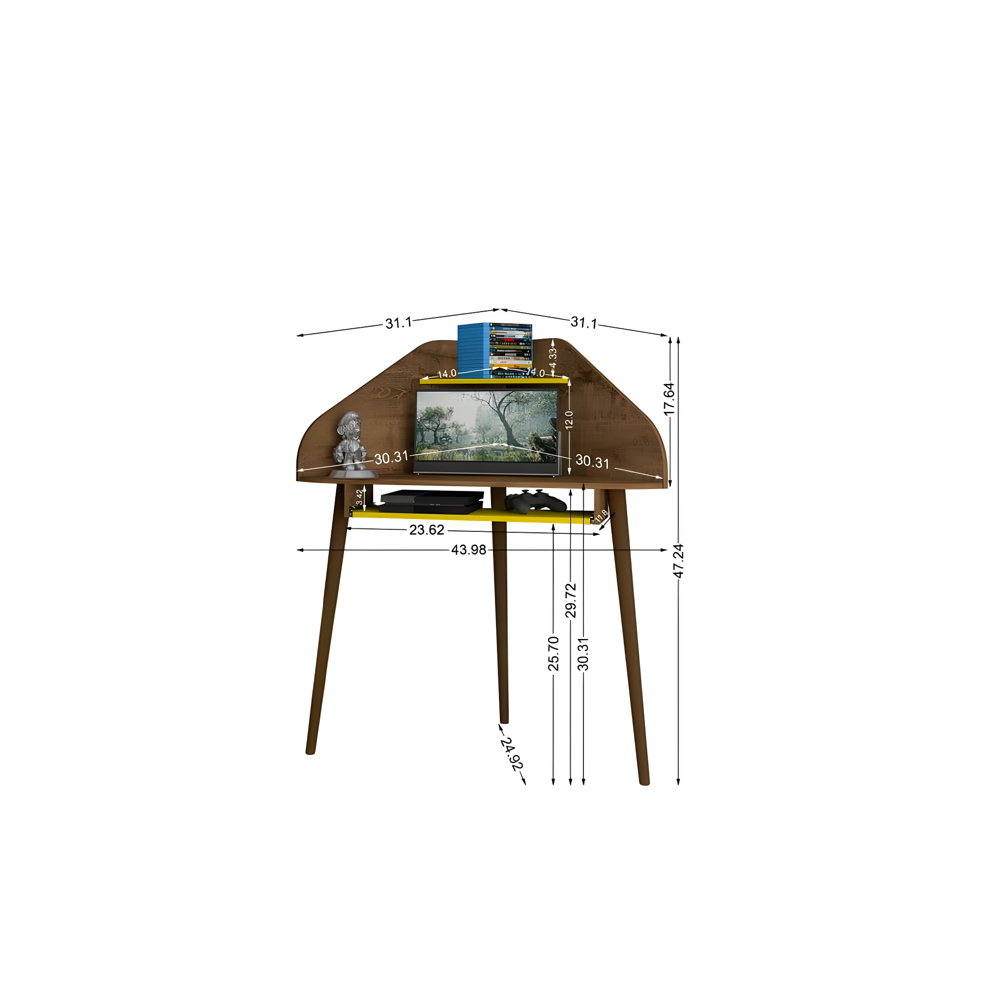 Bradley Floating Corner Desk with Keyboard Shelf in Rustic Brown and Yellow