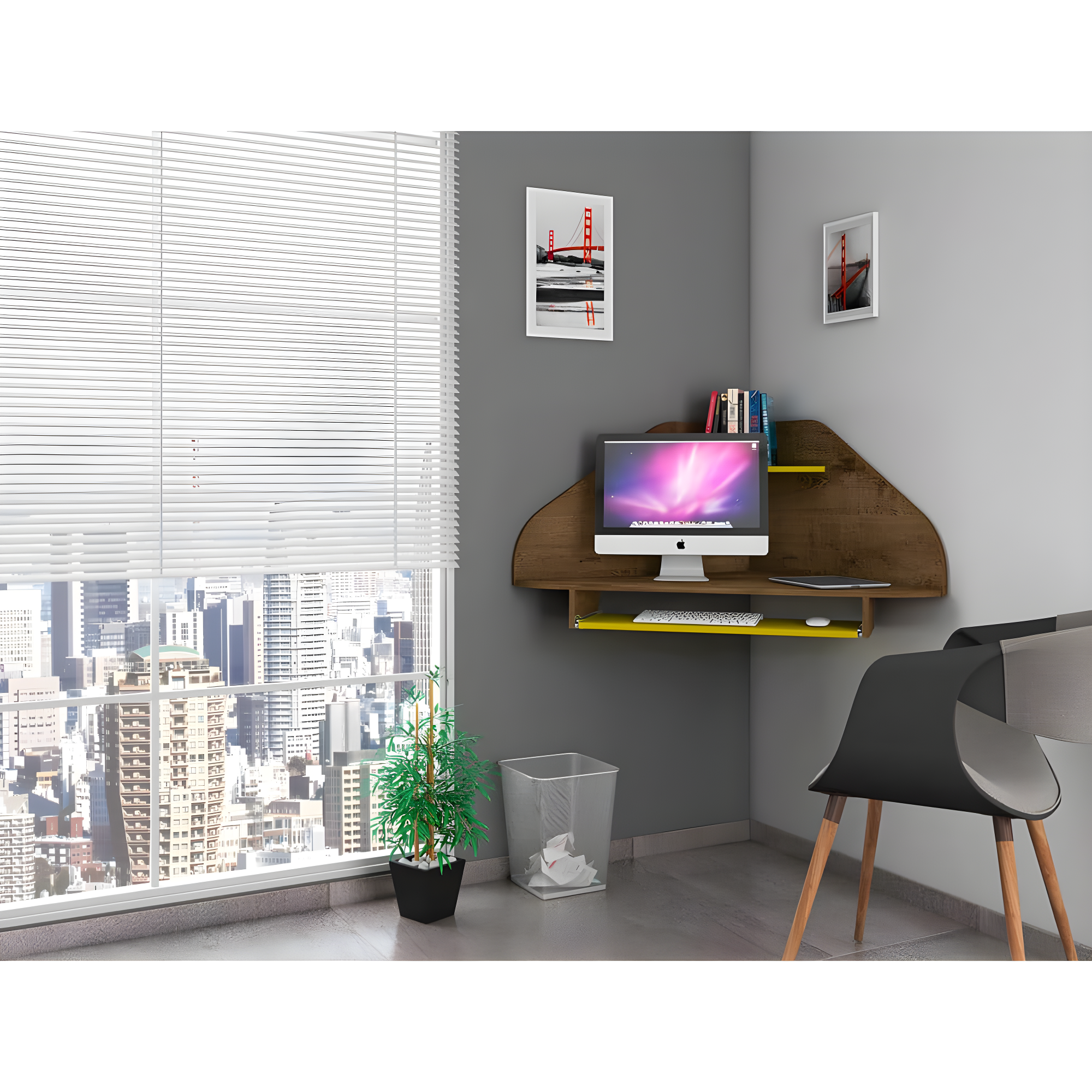 Bradley Floating Corner Desk with Keyboard Shelf in Rustic Brown and Yellow