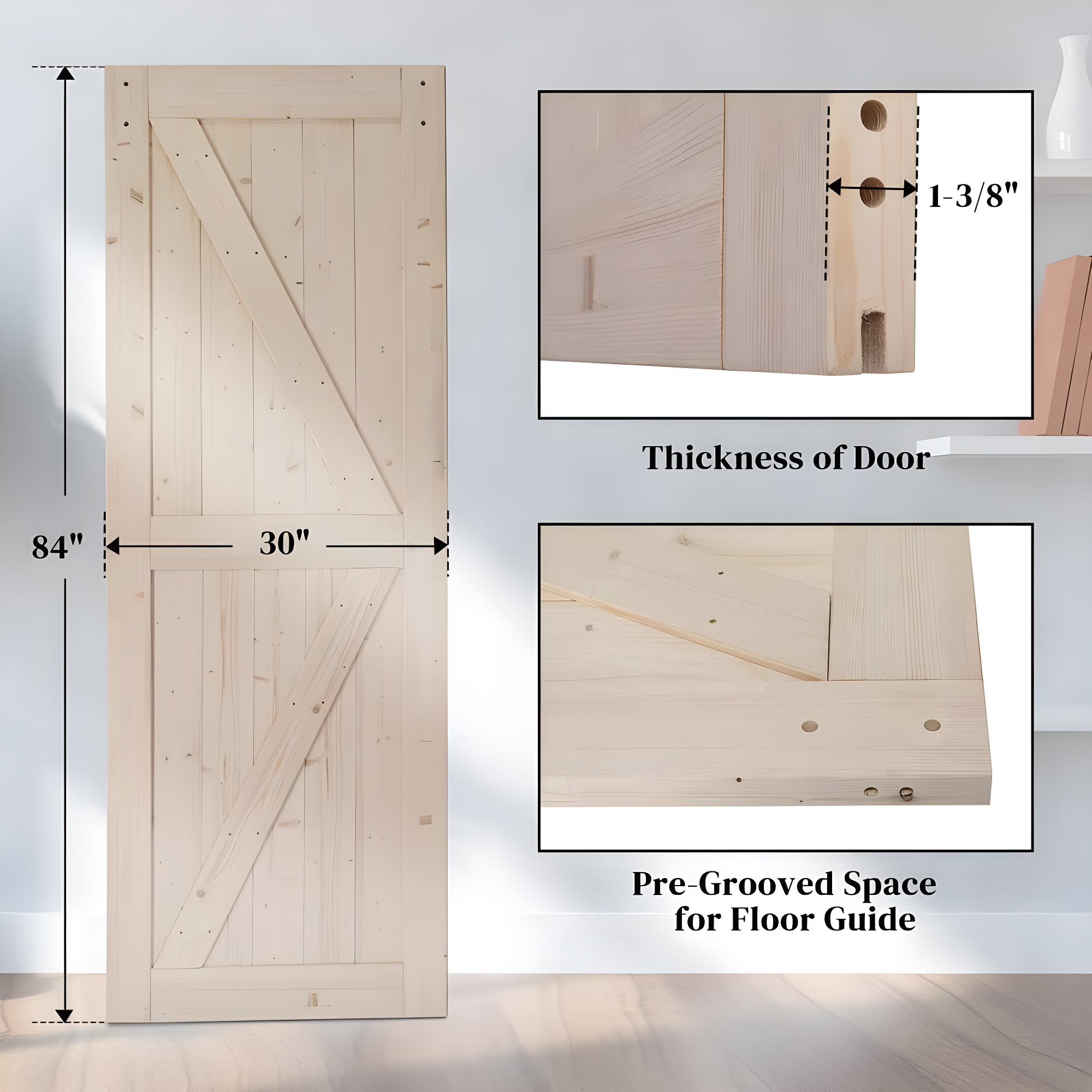 SalonMore 30in x 84in Sliding Barn Wood Door, Interior Doors, DIY Assembly, Solid Natural Spruce Panelled Slab, with 5.5FT Barn Door Hardware Kit