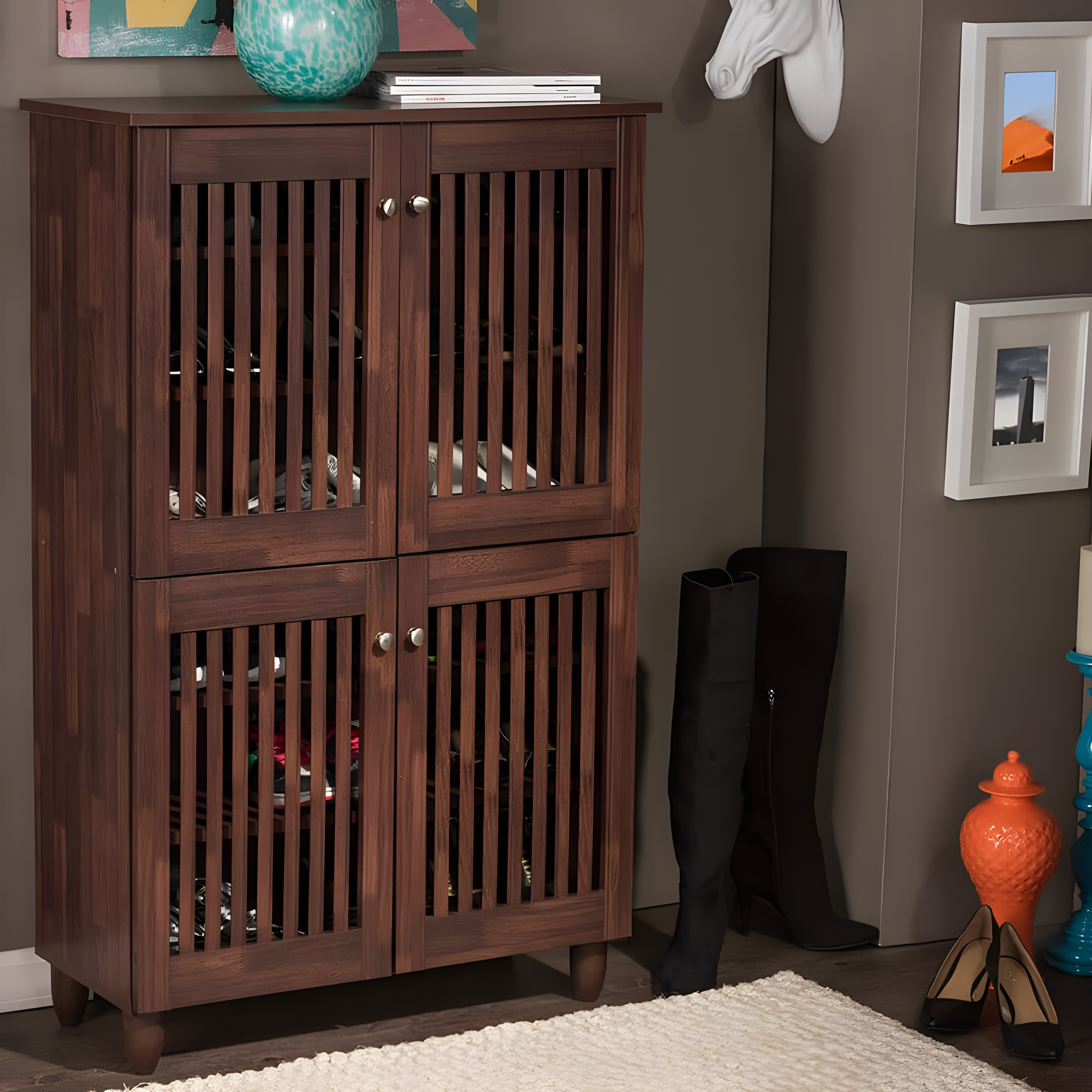 Baxton Studio Fernanda Modern and Contemporary 4-Door Wooden Entryway Shoes Storage Tall Cabinet - Oak Brown: Fixed Shelves, Mahogany Frame
