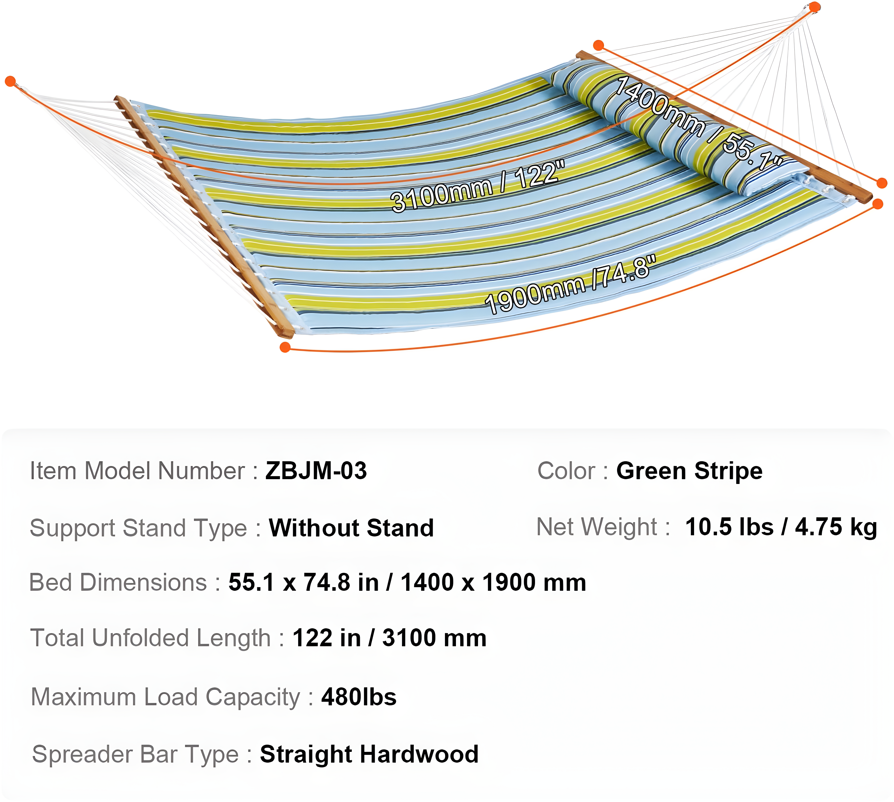 Double Quilted Fabric Hammock 12 ft. Double Hammock with Hardwood Spreader Bars 2 Person Quilted Hammock